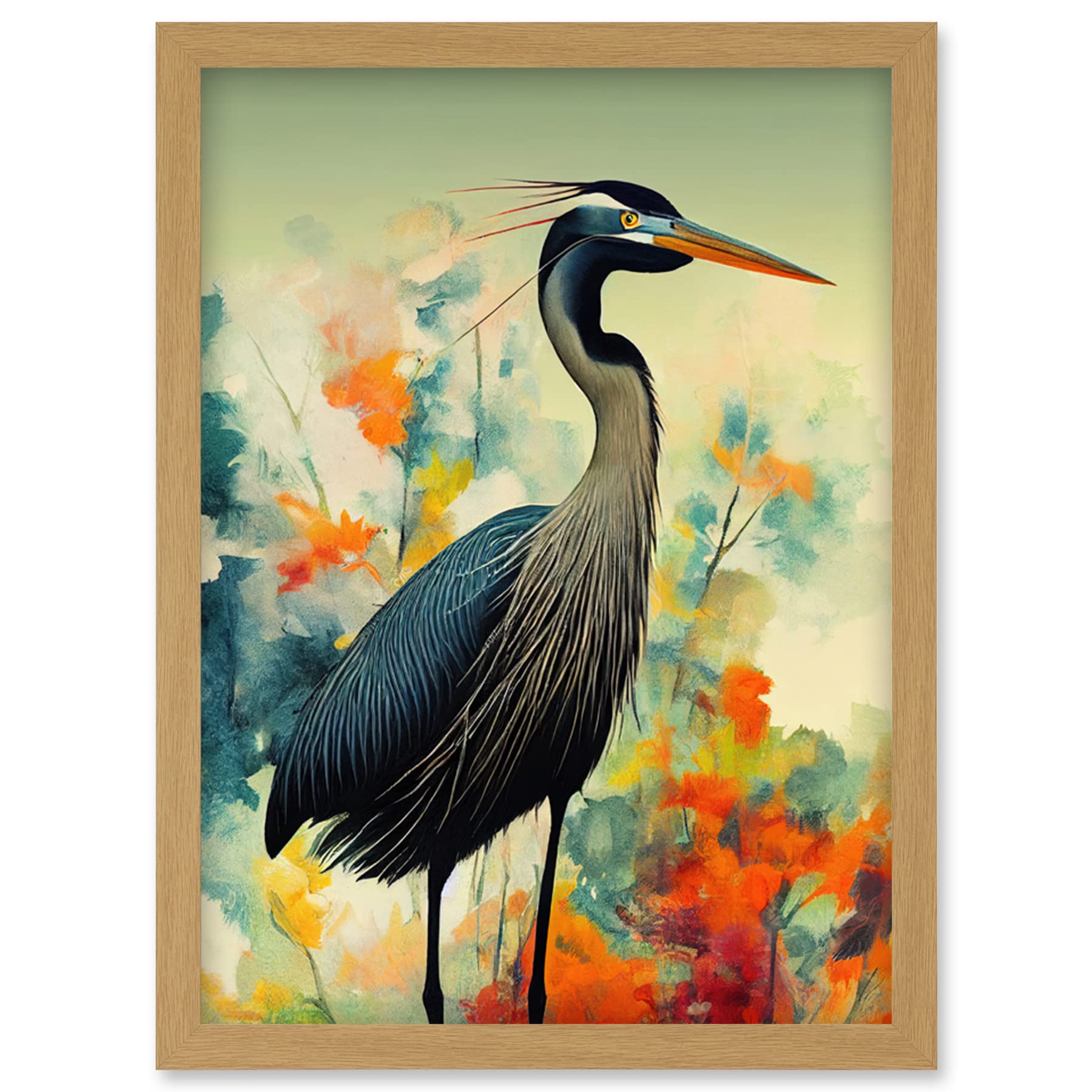 Wee Blue Coo Heron Bird in Abstract Flower Field Colourful Teal Orange Navy Illustration Artwork Framed Wall Art Print A4