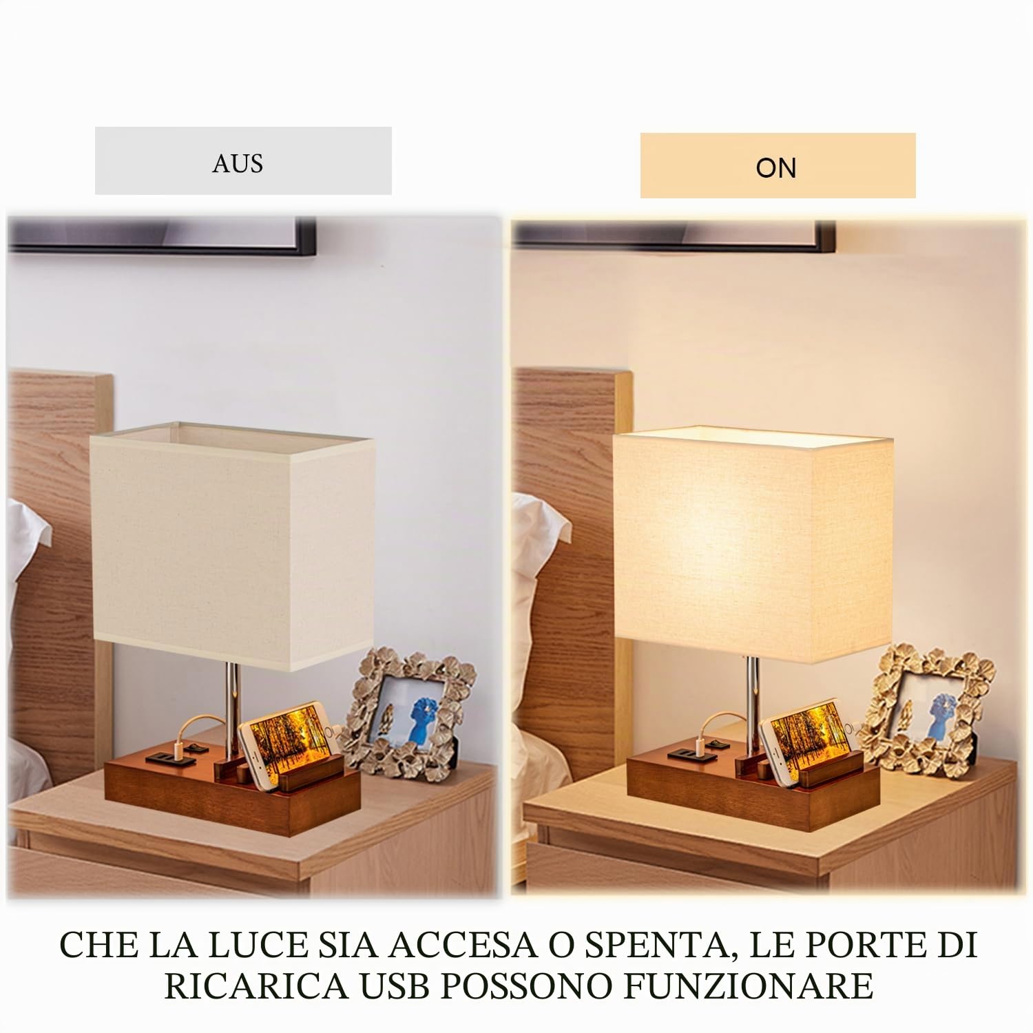 Dreamholder Lampada da tavolo con 3 porte USB A+C, 3 supporti per telefono, moderna lampada da comodino USB per camera da letto, soggiorno, ufficio, lampada da comodino con base in noce e paralume in