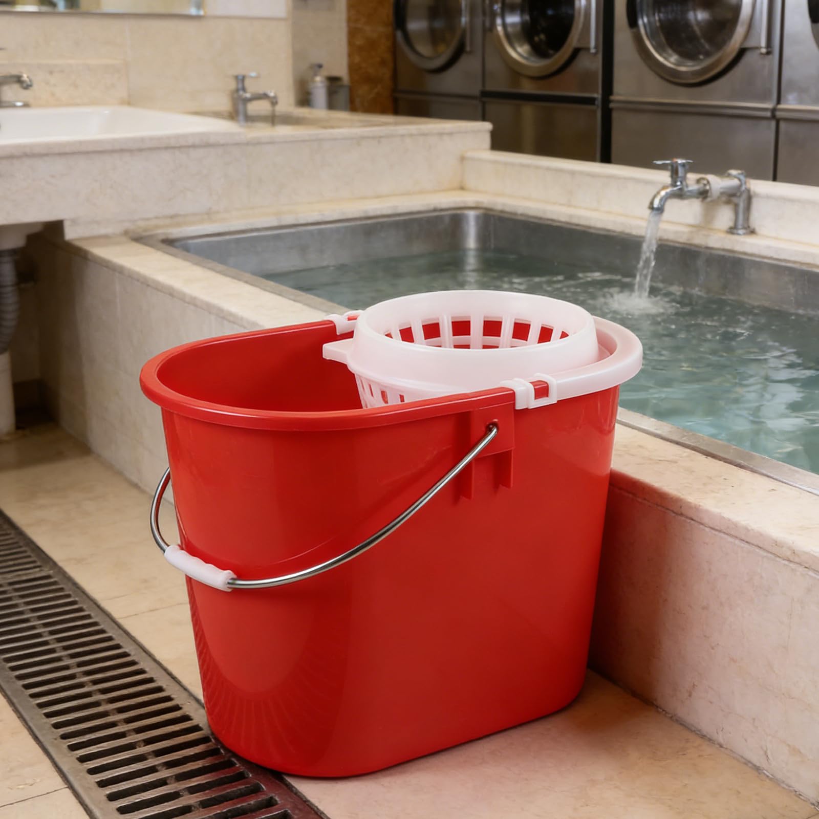 Mipcase Cubo de Plástico Rojo para Fregona Redondo con Asa, Accesorio para Mop, Alta Eficiencia de Limpieza para Uso Doméstico y Comercial