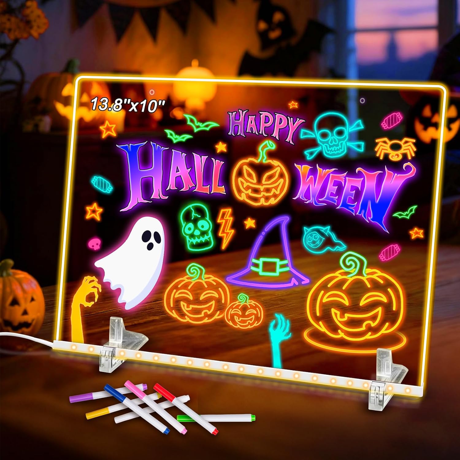LED Note Drawing Board with 7 Colors, 13.8"X10" Acrylic Message Board with Light, Neon Glow Memo LED Light-Up Drawing Board for Classroom, Home Decor,Office, Halloween
