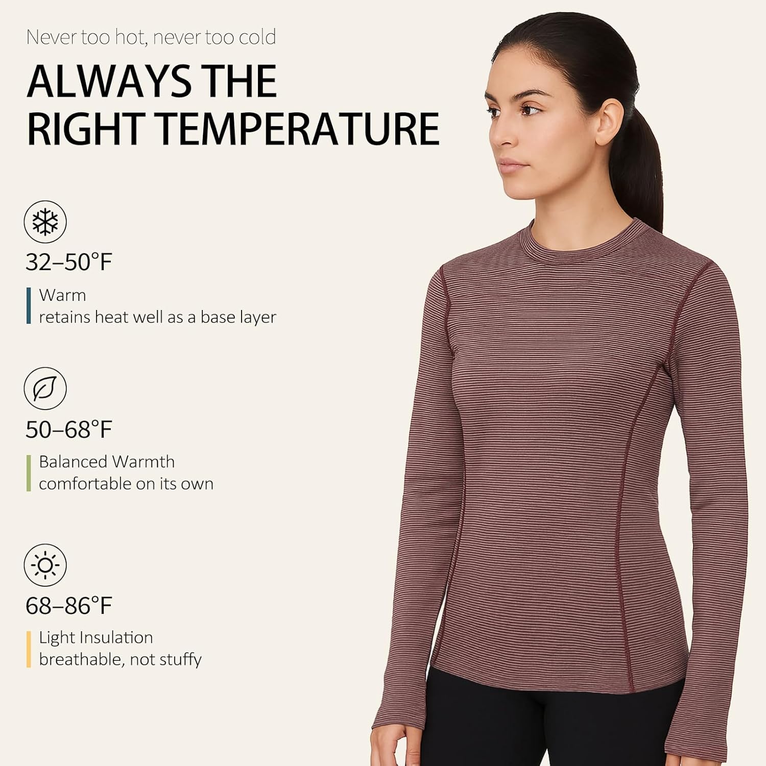 Merino Protect 100% Merino Wool Base Layer Women Temperature-Regulating Long Sleeve Thermal Striped Shirt for Hiking Travel - Image 4
