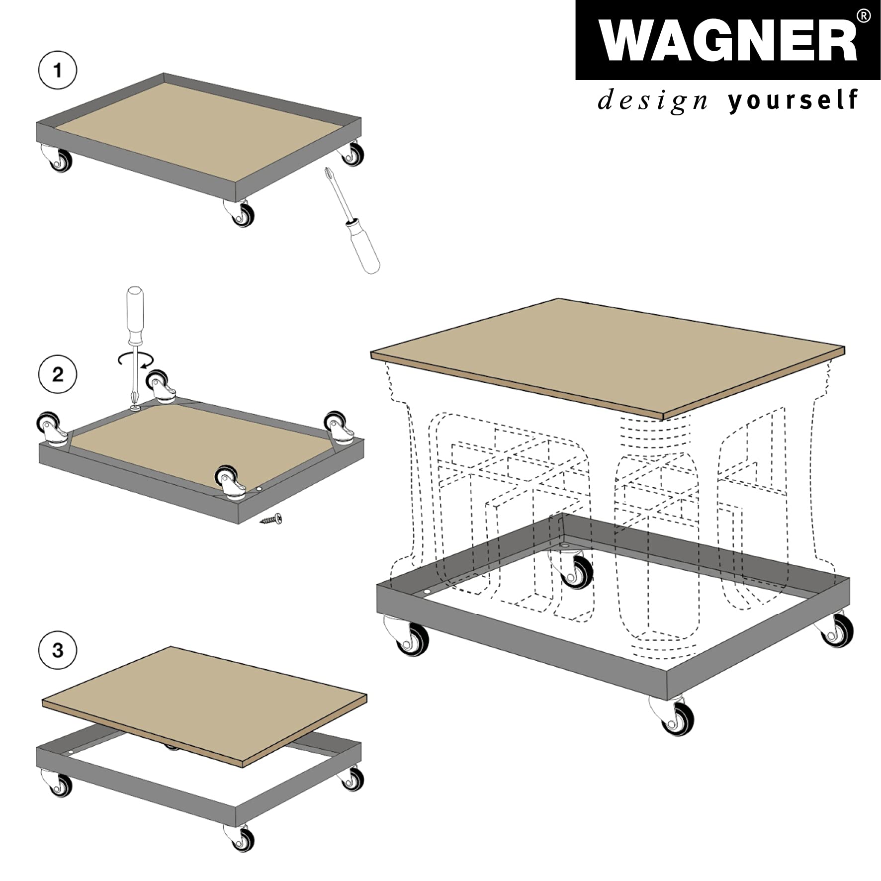 WAGNER Transportroller Transporthilfe 1184 I 41 x 31 x 8 cm, Tragkraft 100 kg Ifür genormte Stapelboxen & Getränkekästen I herausnehmbare Ladefläche I wendige Softlenk-Rollen I vielseitig einsetzbar
