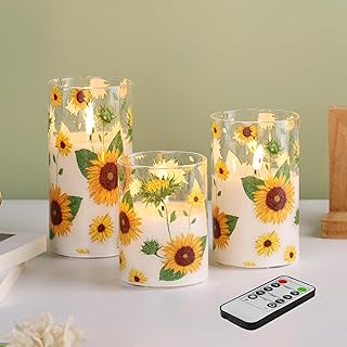 Eywamage Sunflower Flameless Candles in Glass Jars, Flickering Battery LED Pillar Candles with Remote Set of 3