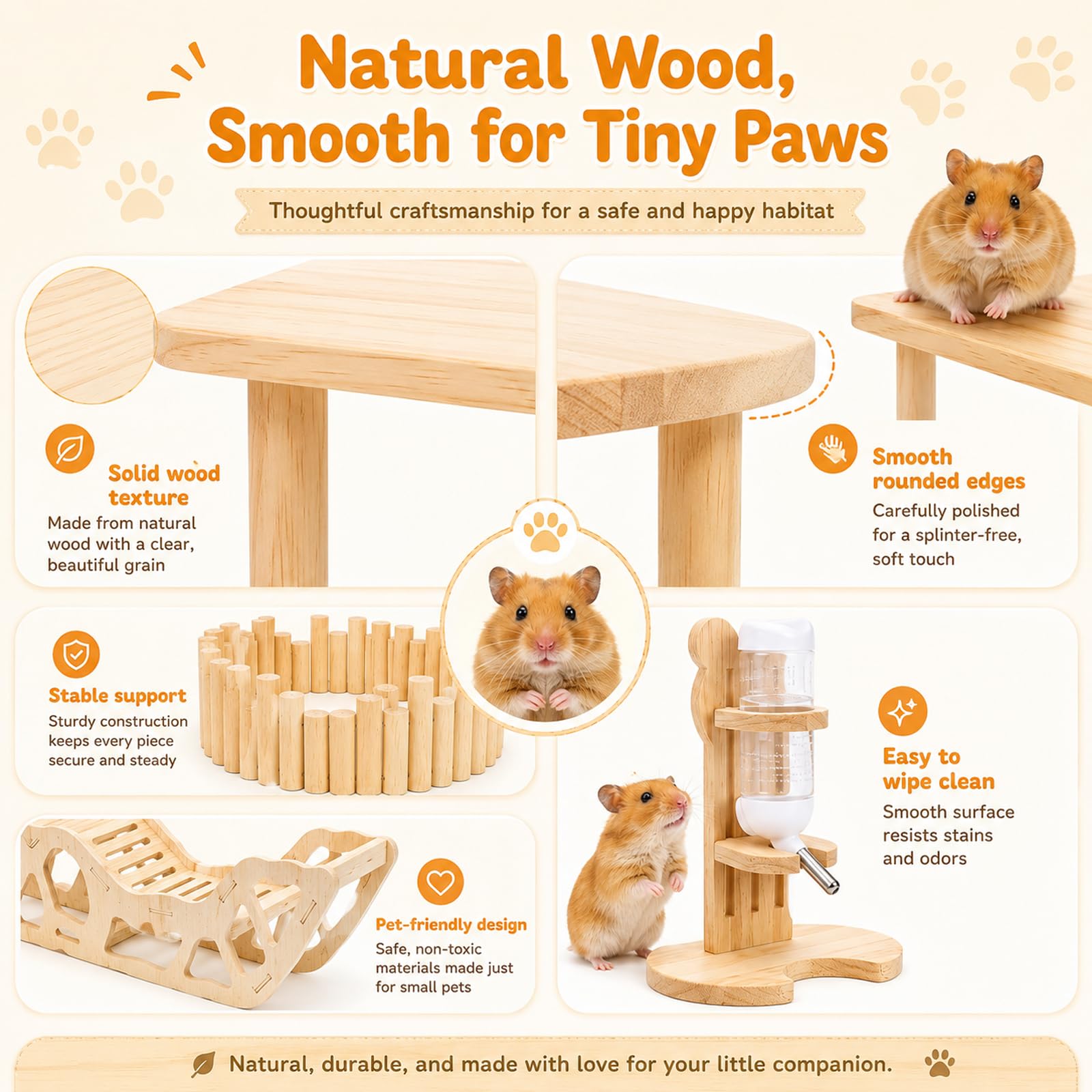 Juego de 3 plataformas de hámster con plataforma, escalera ondulada y túnel de hámster, accesorios de madera natural para conejillos de indias, chinchilla, conejos, animales pequeños (juego de