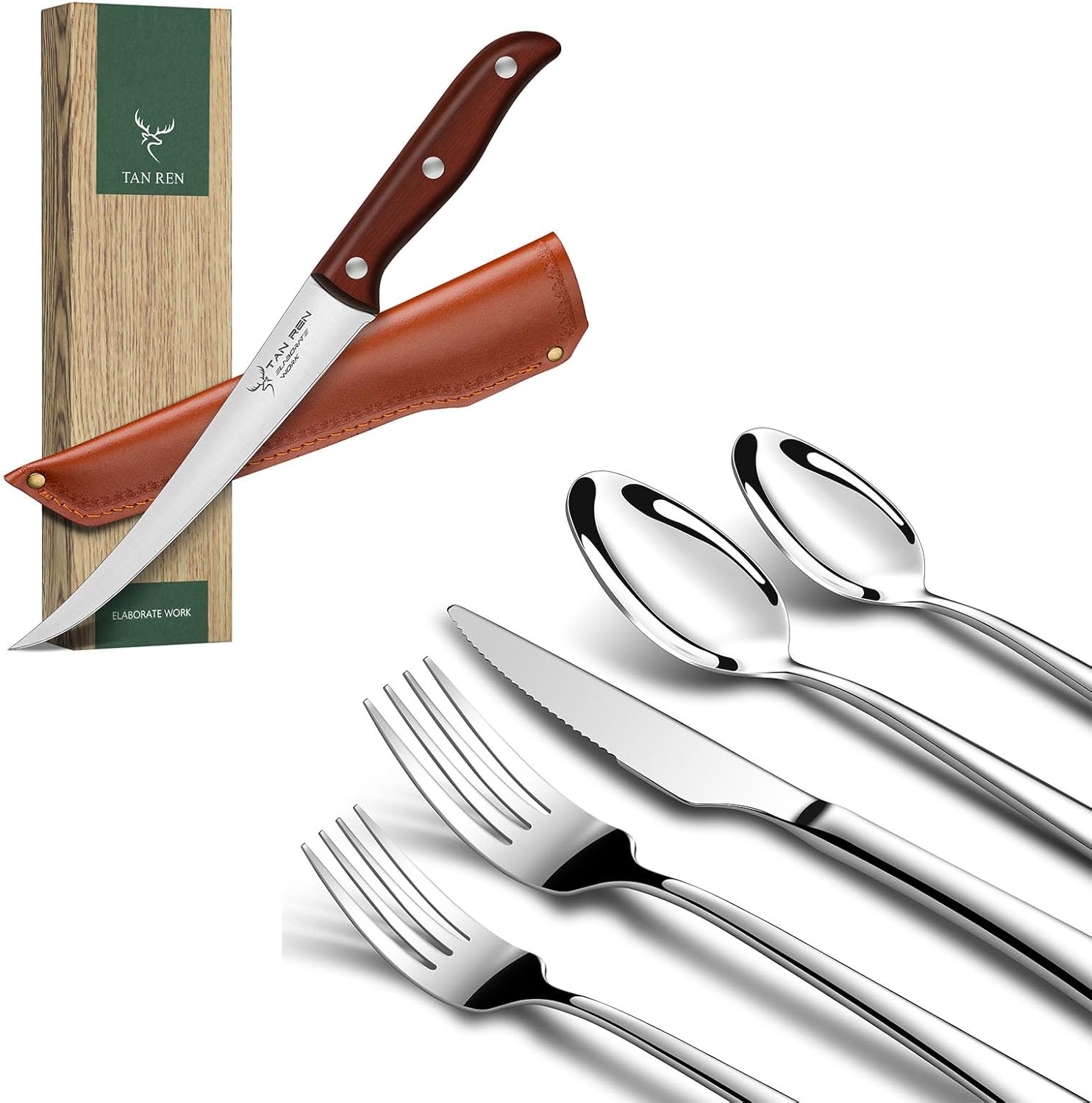 TAN REN 7 Inch Stainless Steel Boning Knife for Meat Cutting with Sheath and Silverware Set for 8, 40-Piece Stainless Steel Flatware Sets