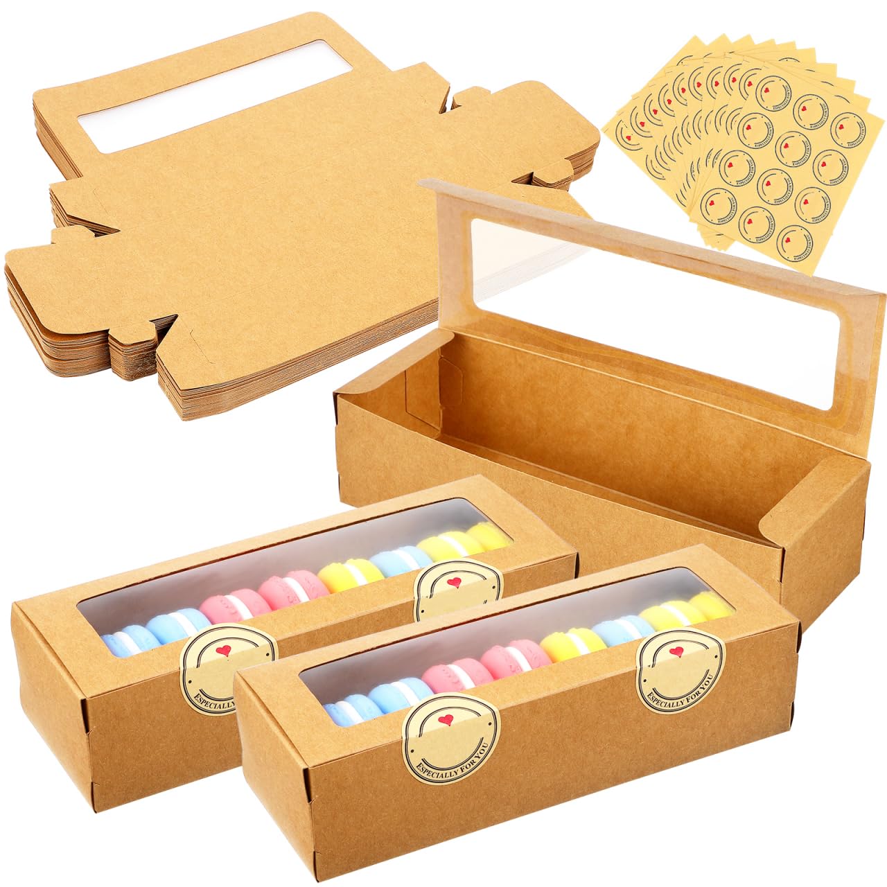 Cabilock 50Pcs Kraft Macaron Boxes with Clear Window and Sealing Stickers Small Dessert Packaging for Macarons Cookies Chocolates Ideal for Home Bakery and Gift Presentation