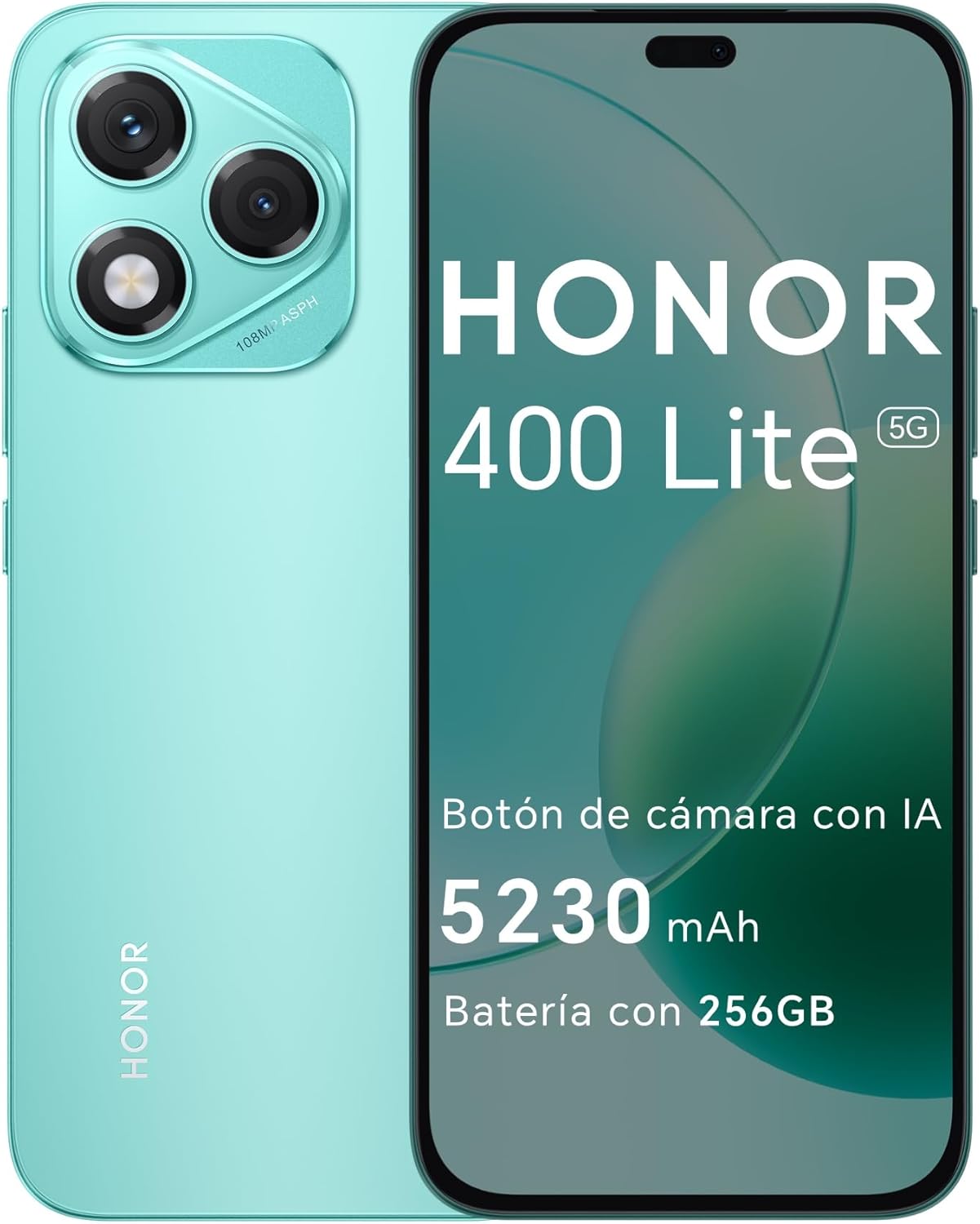 Honor 400 Lite 5G – Smartphone de 8GB+256GB, Dual SIM NFC, 108MP Botón con IA, 6.7», Pantalla AMOLED con protección de la Vista, Batería 5230mAh, IP65&SGS, MagicOS 9.0, Marrs Green