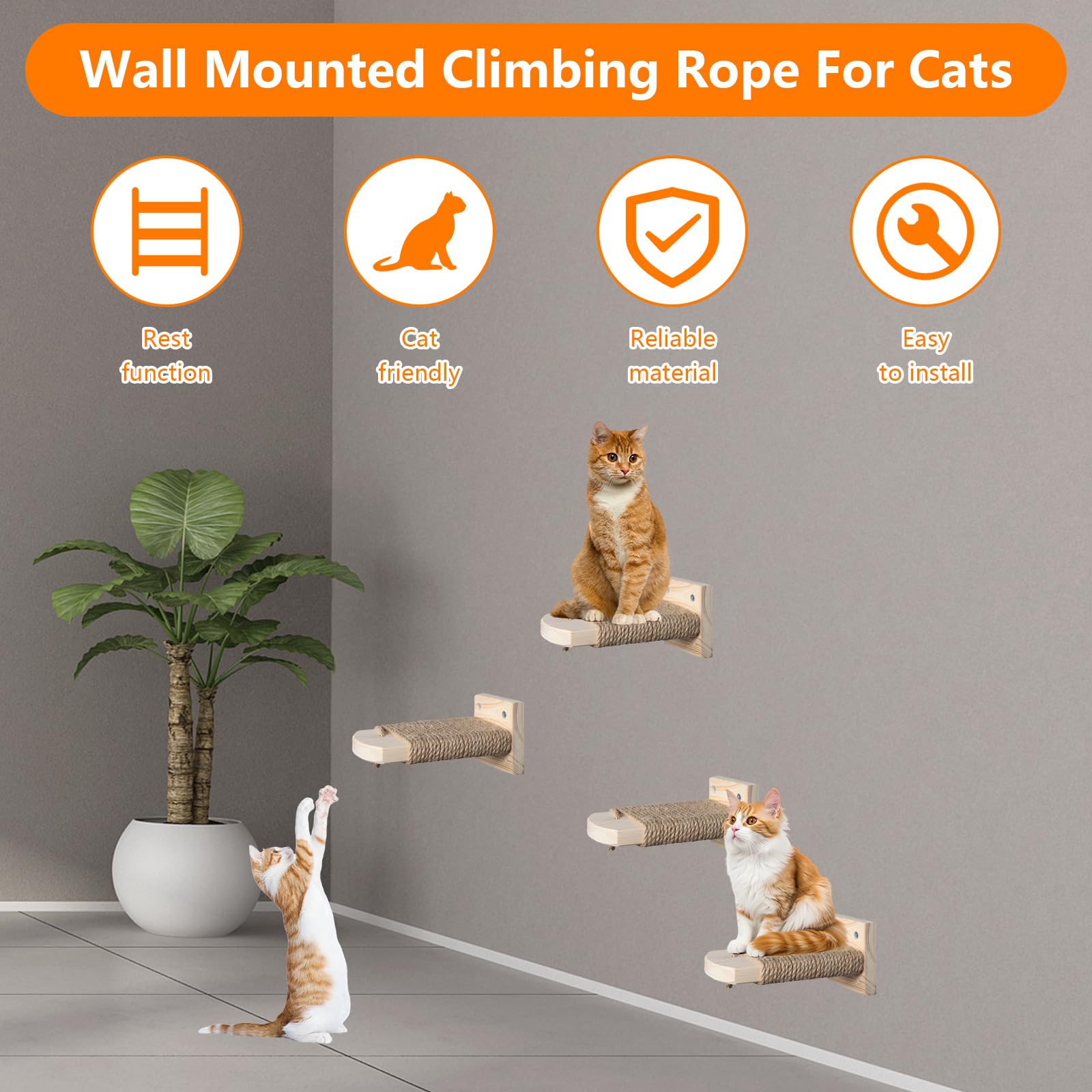 4 in 1 Kletterwand für Katzen Katzentreppe Wand, Wandliege mit Juteseil zum Kratzen, Katzentreppe Plattform aus Massives Gummiholz, für Katze Klettern Spielen, Maximale Tragfähigkeit 35kg