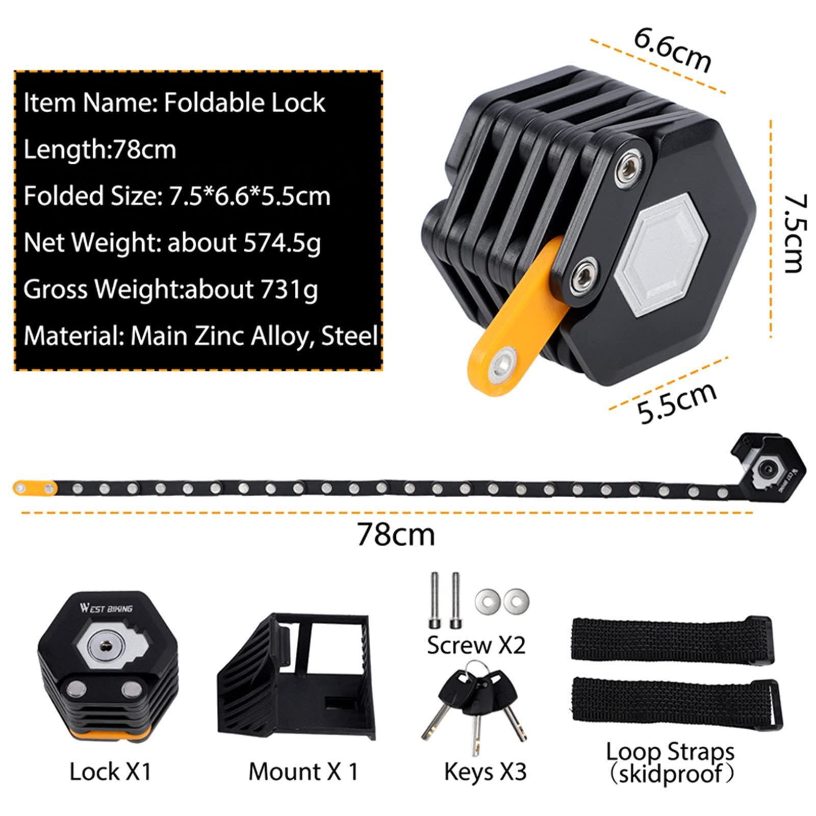 Lucchetto Bici Pieghevole - Catena Acciaio Antifurto, Si Espande Fino A 85 Cm - Foto 7
