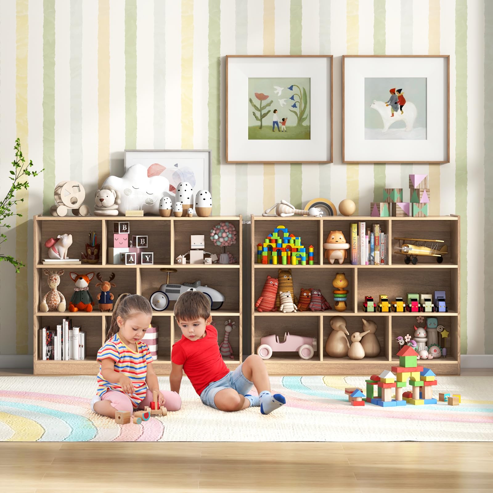 DREAMADE Bibliotheque Enfant 122x32x93CM à 3 Niveaux avec 8 Compartiments, Coffre à Jouets Enfant en Bois Charge 60KG,Étagère de Rangement Filles Garçons pour Jouets&Livres (Naturel)