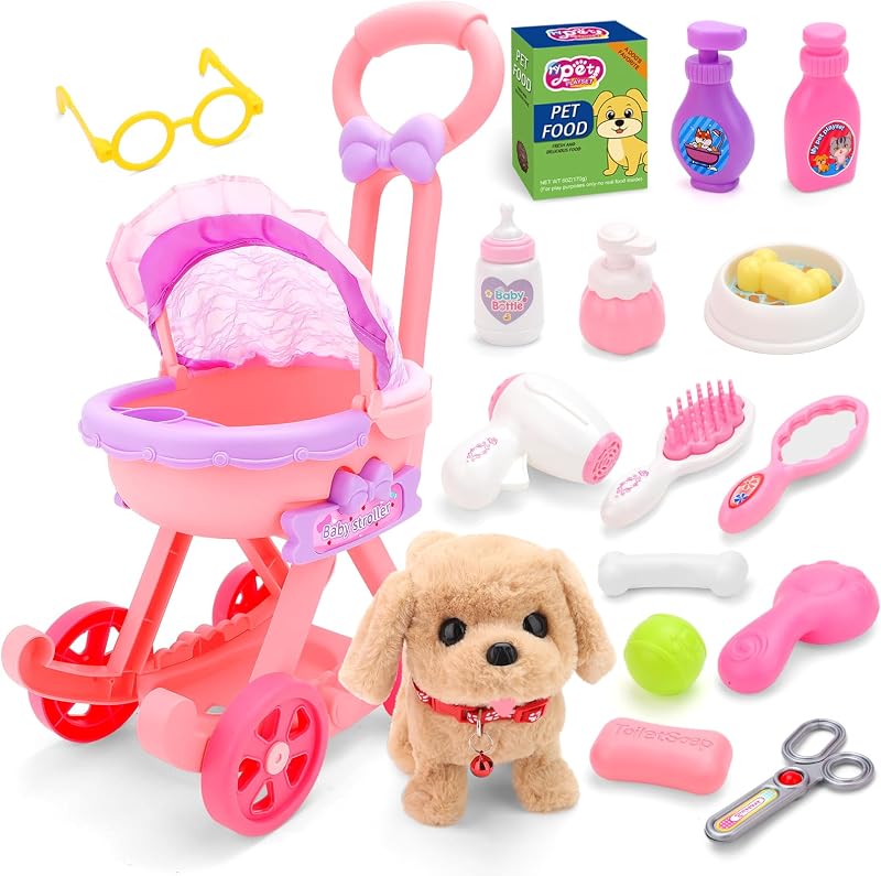 deAO Dog Toys Pretend Puppy Stroller Playset with Grooming Care Accessories | Electronic Interactive Walking Barking Dog Toy,18Pcs Pet Care Feeding Accessories,Christmas Birthday Gift,Boys Girls Ages 3+