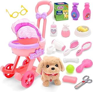 deAO Dog Salon Toy Set, Electric Dog Running and Barking with Toy Trolley, Role Play Electric Dog Interactive Pet Birthday Gifts for Children 3 4 5 Years