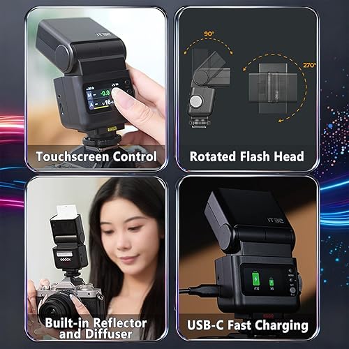 Miniatura 8 de Godox IT32 TTL Flash de cámara con disparador de flash X5S para cámaras Sony, zapata magnética y gatillo 2 en 1, pantalla táctil colorida, cabezal