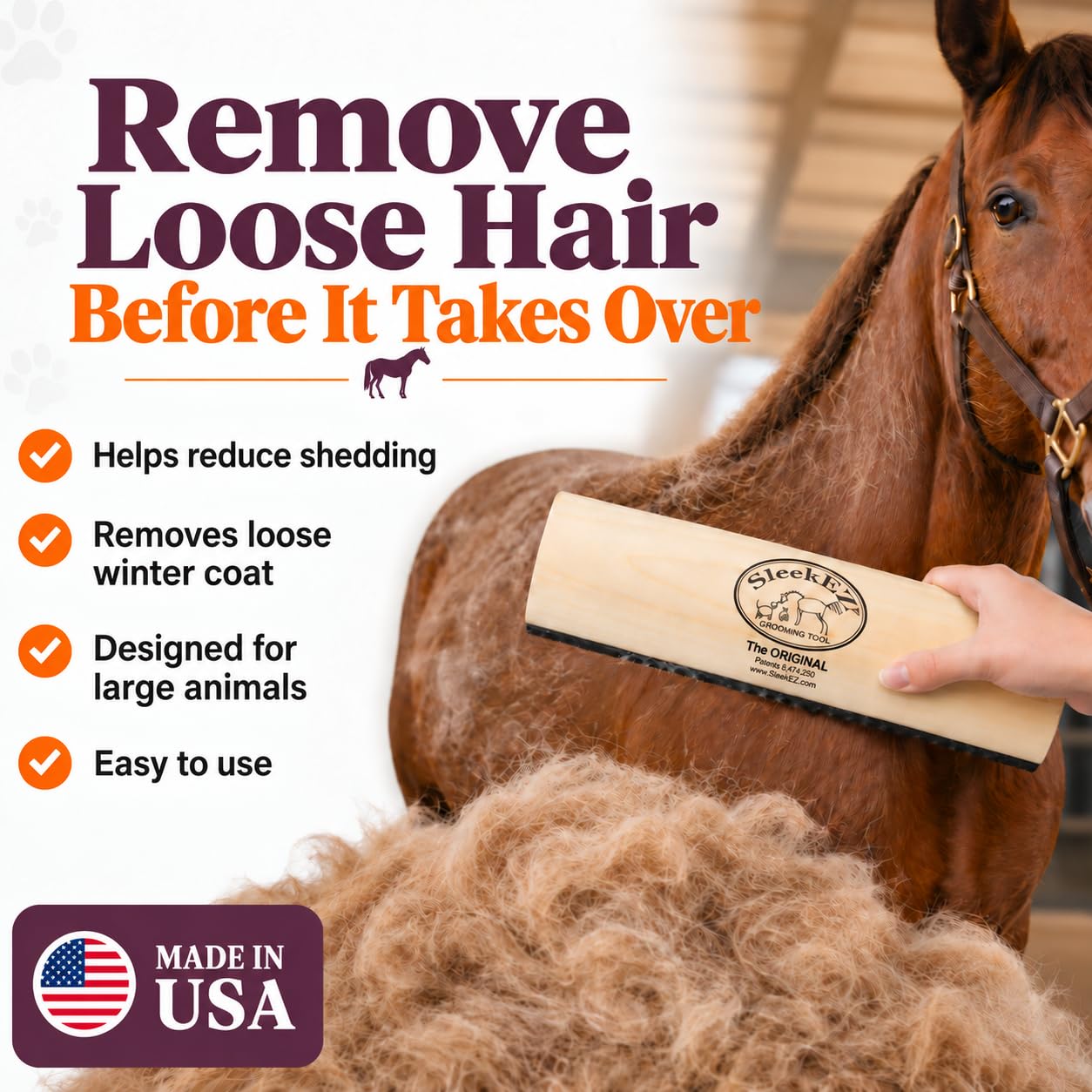 SleekEZ 10 Inch Horse Brush – Patented Horse Shedding Blade Made in USA - Removes Loose Hair & Undercoat - Deshedding Tool for Donkeys, Cows & Large Animals - Helps Reduce Seasonal Shedding view 3