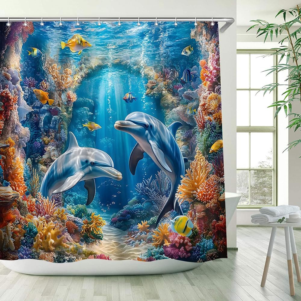 Dolphin Shower Curtain Tropical Underwater Beach Fish Colorful Coral Shell Cute Animal Blue Ocean Scenery Marine Life Bathroom Decor Polyester Fabric Curtains with Hook 70Wx80H Inches