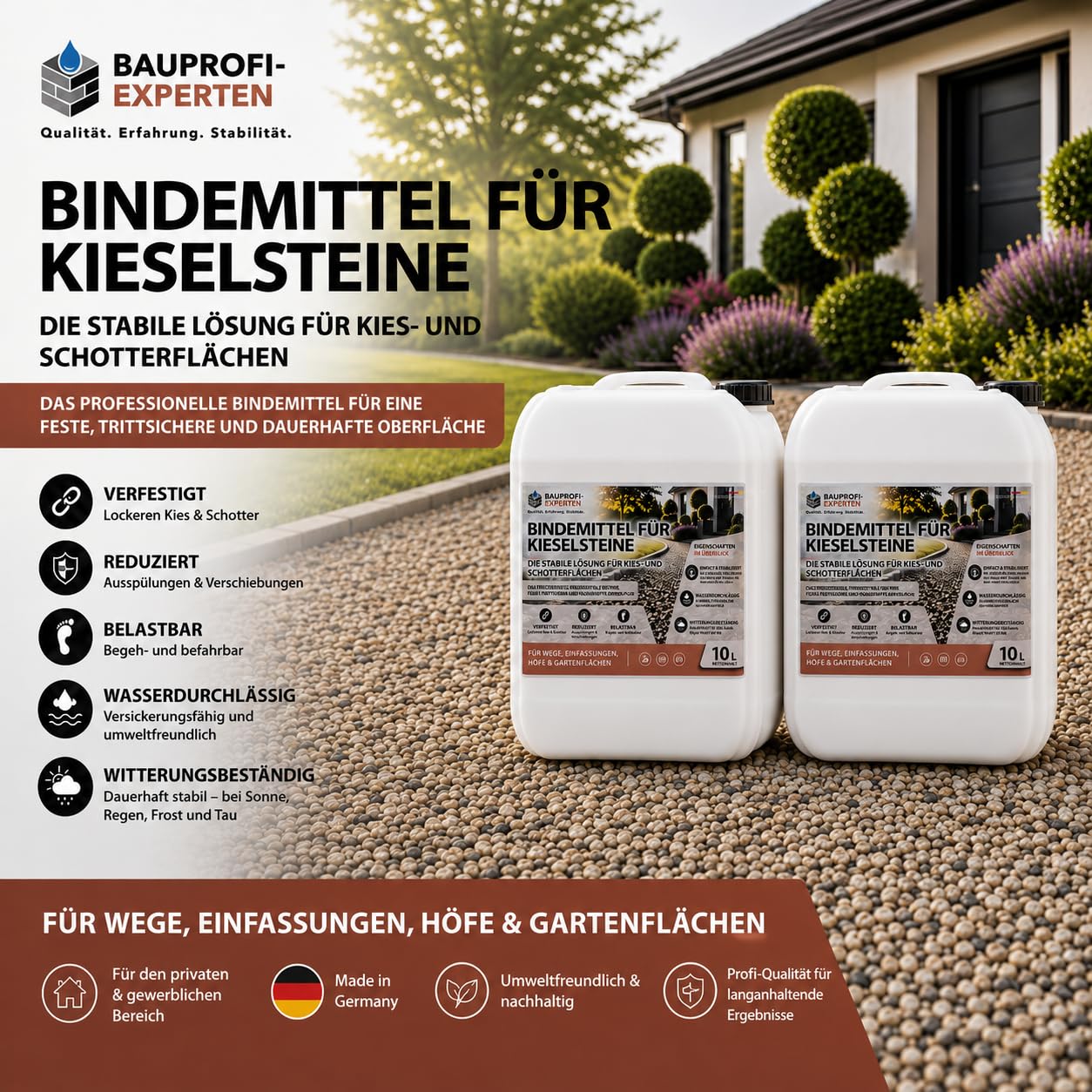 20L Kiesbinder Kieskleber Mulchkleber Bindemittel für Kies, Schotter, Split, Deko‑Steine, UV‑beständig, regen‑ & frostfest, für gepflegte Gartenwege, Steinwege, Einfahrt