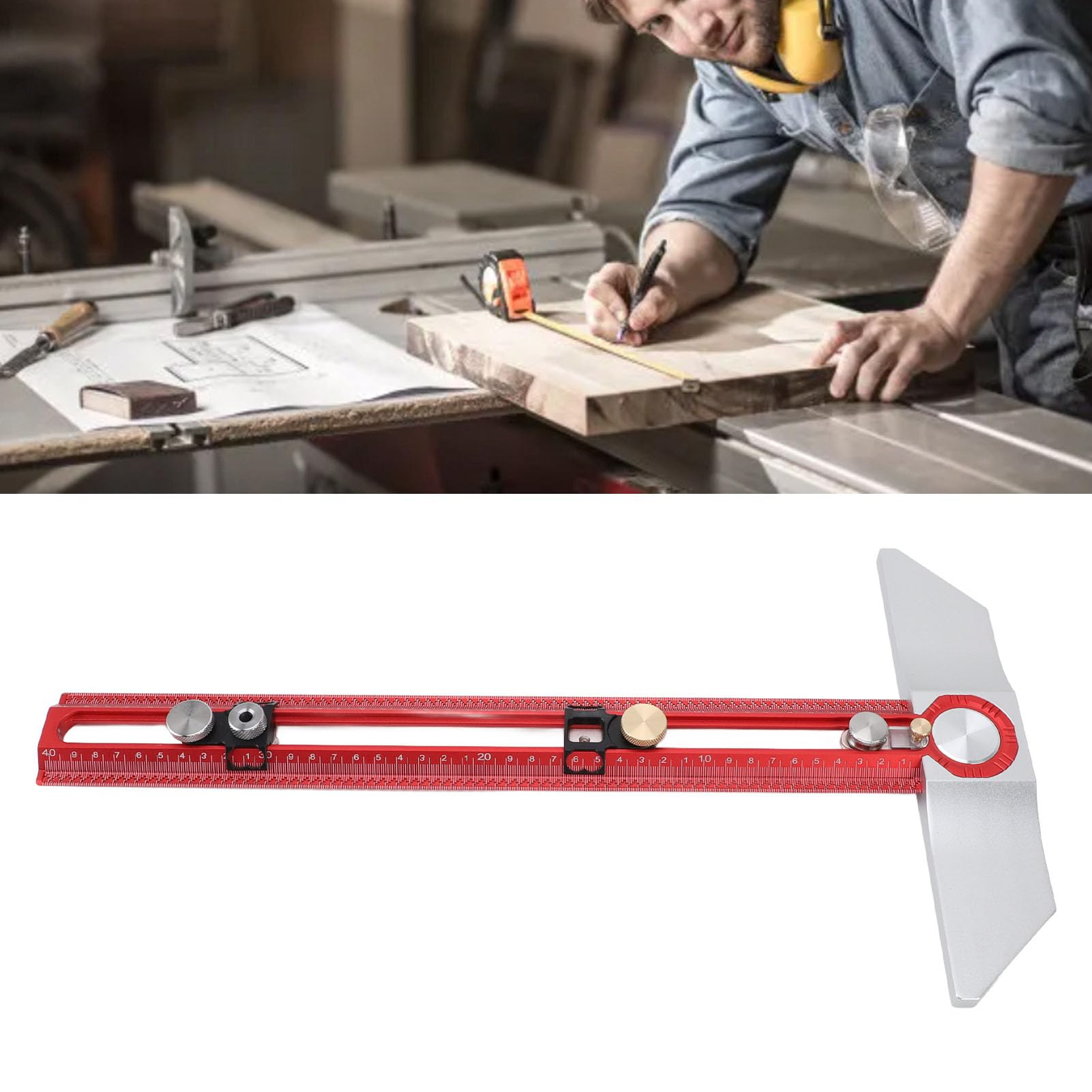 Hyuduo Linijka Traserska do Obróbki Drewna Typu T, Linijka Kątowa do Dziurkowania i Wiercenia ze Stopu Aluminium 45,5 X 25,5 Cm, Precyzyjne Narzędzie do Znakowania do Projektów DIY w Obróbce Drewna
