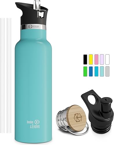 Botella de agua aislada al vacío de doble pared con tapa de pajilla y tapa deportiva, termo de acero inoxidable para niños simple, sin BPA,