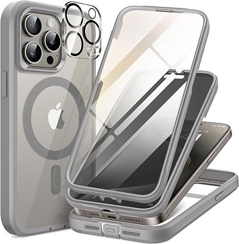 Funda magnética para iPhone 15 Pro Max, diseño a prueba de polvo compatible con MagSafe, protector de pantalla de vidrio templado 9H integrado y