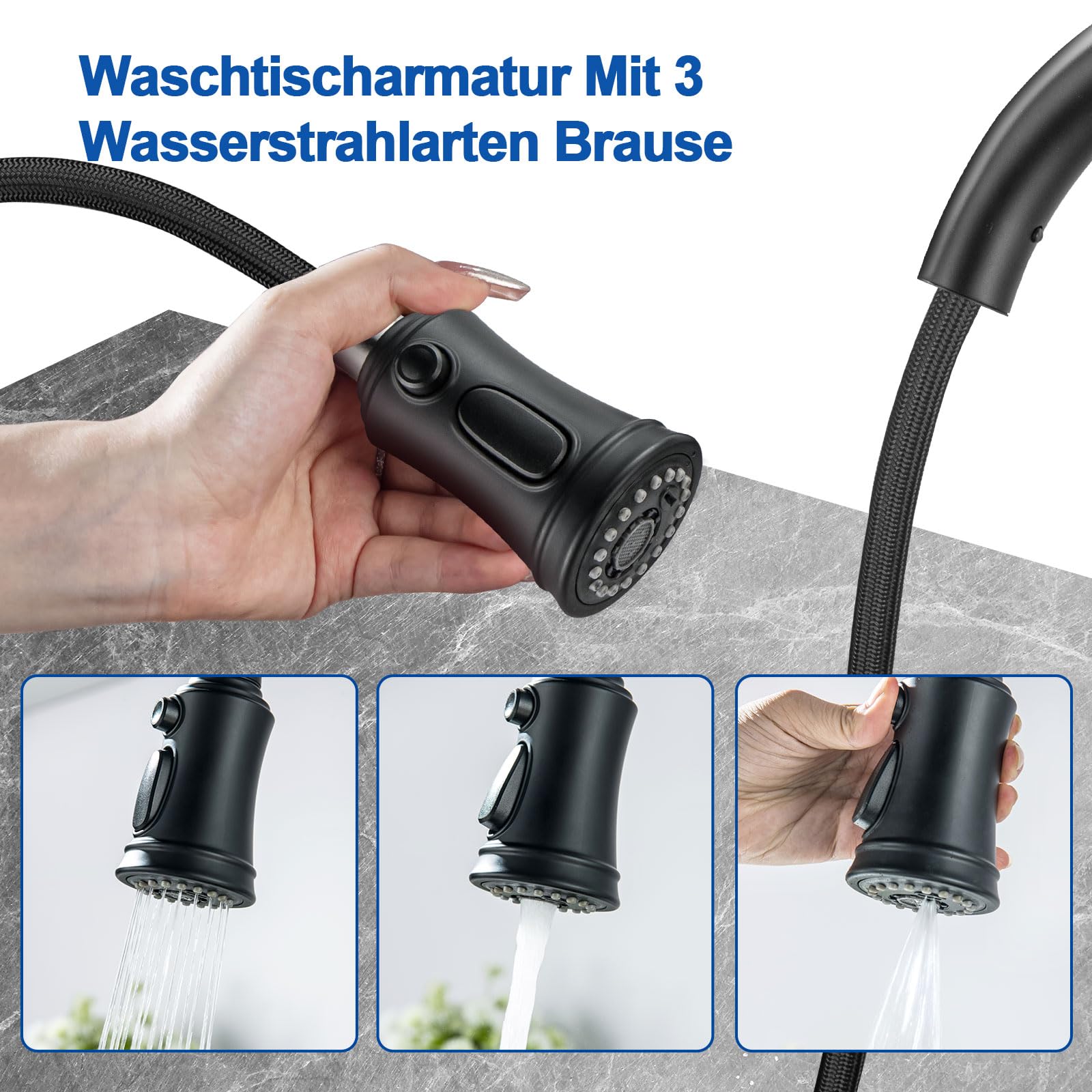 LakeBayMZC Küchenarmatur Mit Brause Ausziehbar 360° Schwarz Matt – Einhebel Spültischarmatur Mit 3 Strahlarten