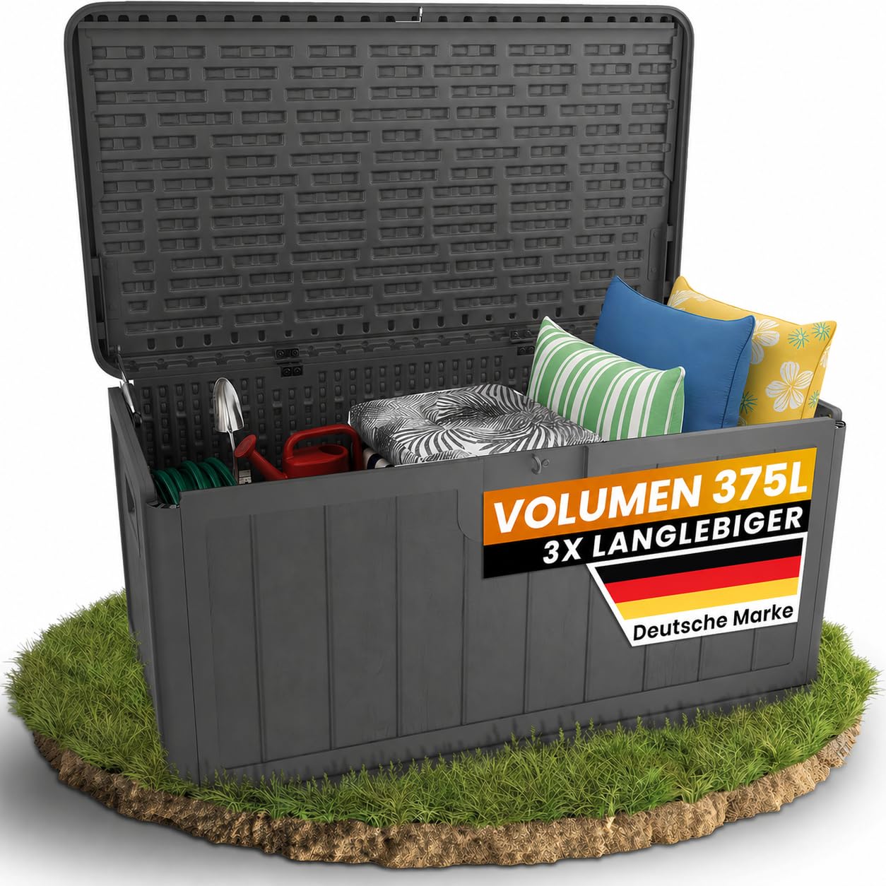 Naturiz® Gartenbox wasserdicht & stabil 375L - Aufbewahrungsbox XXL - Gartenkiste wetterfest - Auflagenbox, Kissenbox, Paketbox, Gartentruhe, Outdoor Box, Garten Box, schwarz (375L)