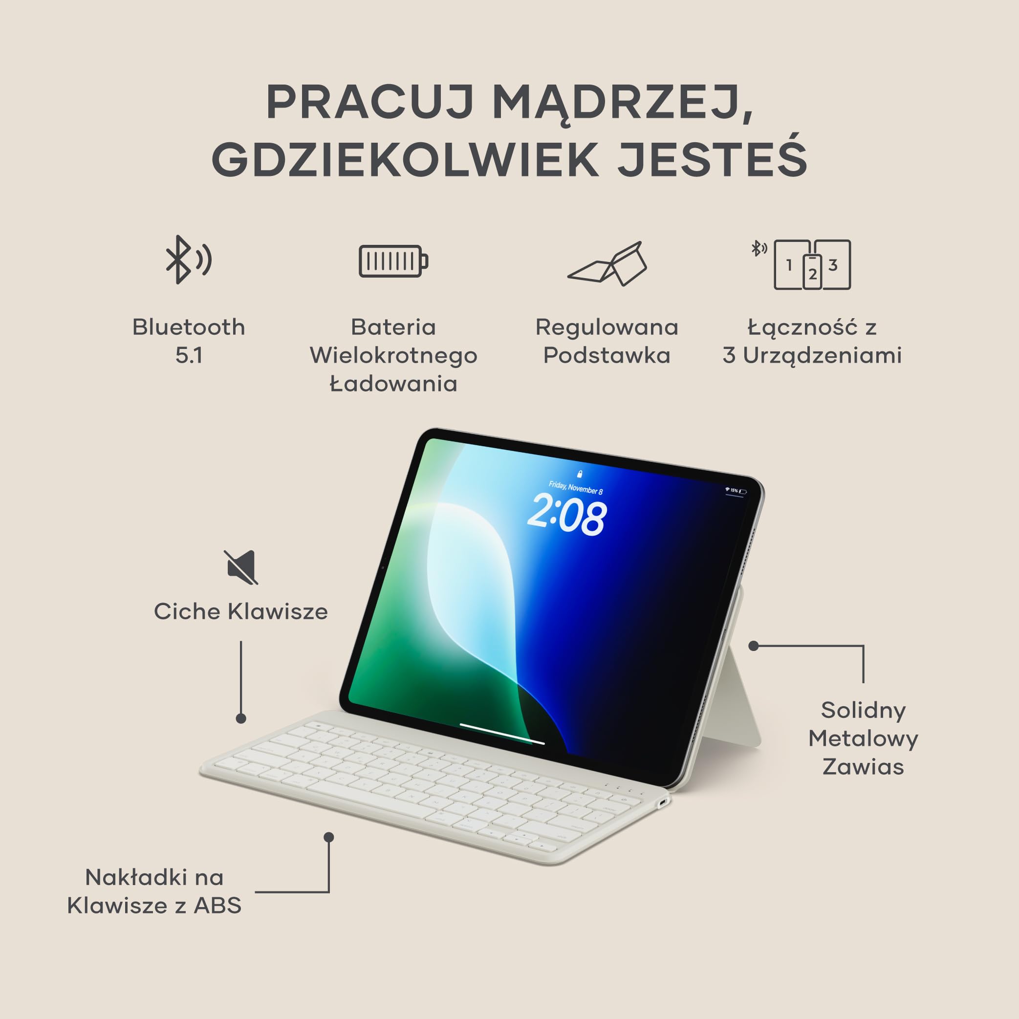 SATECHI OntheGo™ Kompaktowa Bezprzewodowa Klawiatura Bluetooth z Regulowaną Podstawką, Łączy do 3 Urządzeń, Akumulator USB-C, Ergonomiczna, 𝗨𝗦 𝗤𝗪𝗘𝗥𝗧𝗬 𝗟𝗮𝘆𝗼𝘂𝘁 – Beżowa