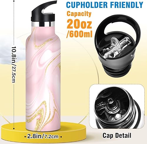 Miniatura 2 de Botella de agua para niños, botella de agua aislada al vacío de acero inoxidable para viajes o escuela, 20 onzas, sin BPA, textura de mármol rosa