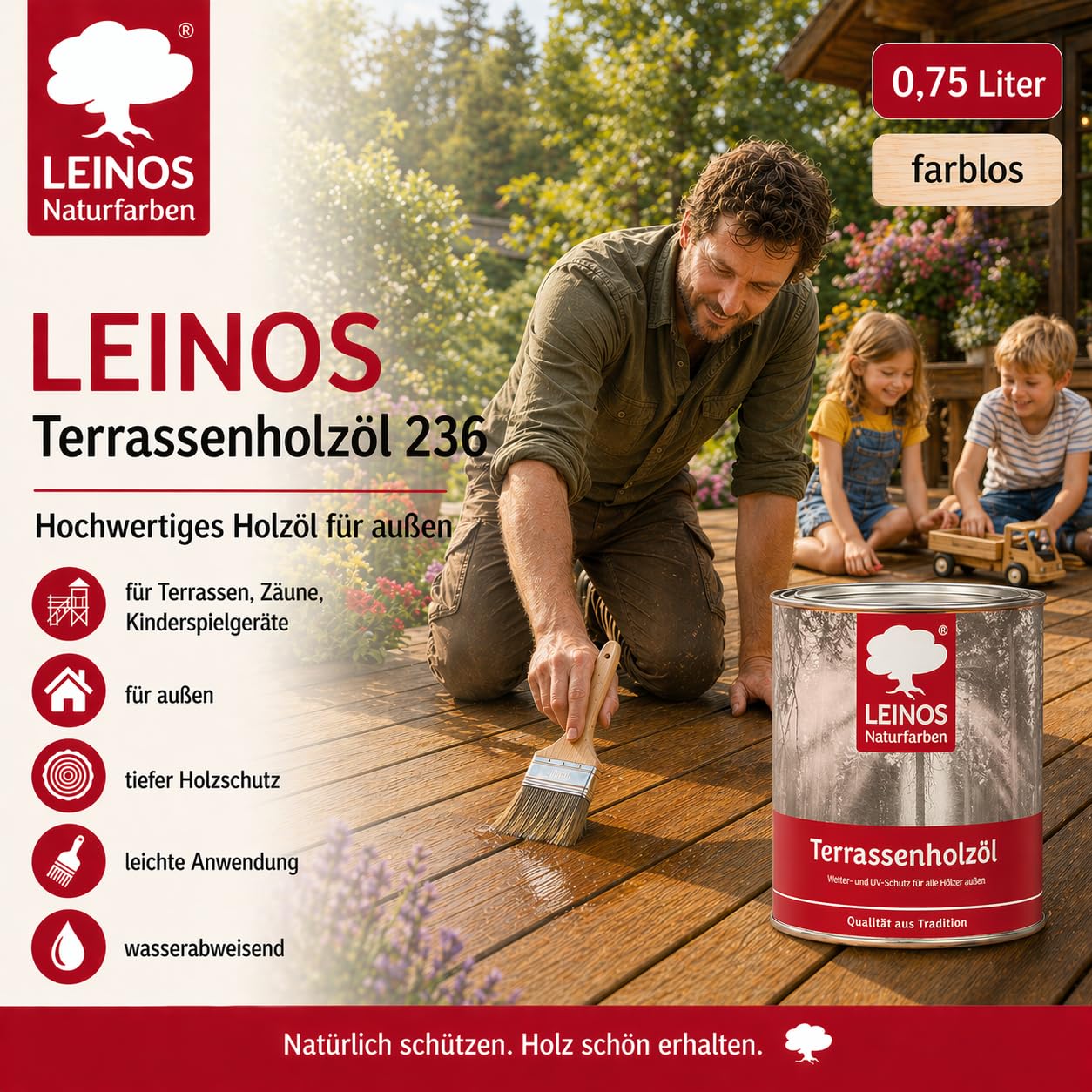 Leinos 236 naturalny olej do drewna na zewnątrz 002 bezbarwny 0,75 l