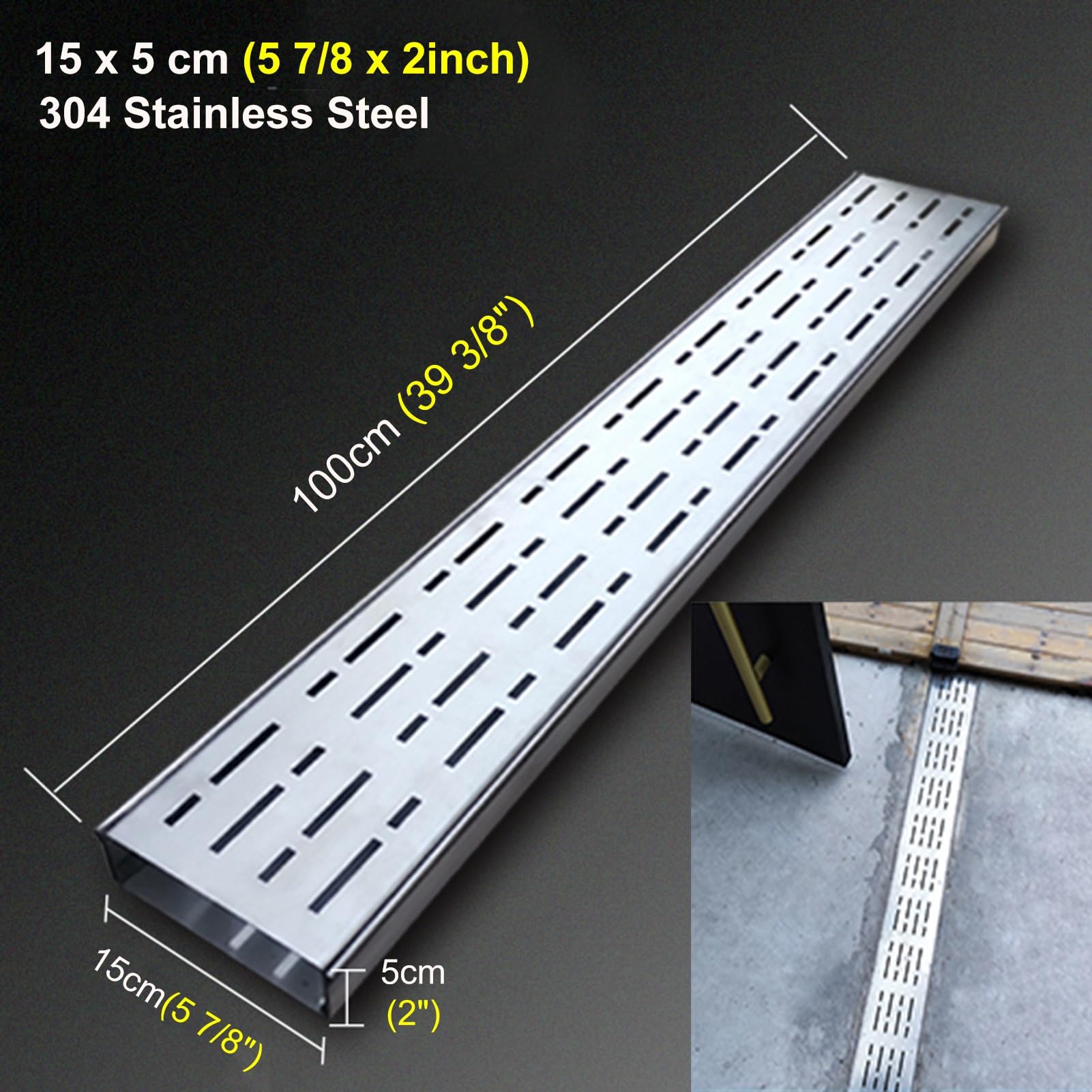 Rów odpływowy ze stali nierdzewnej, zestaw odpływowy kanałowy do łazienki, kuchni, podwórka i podjazdu, trwały system odpływowy z kratkami (15 x 5 cm)
