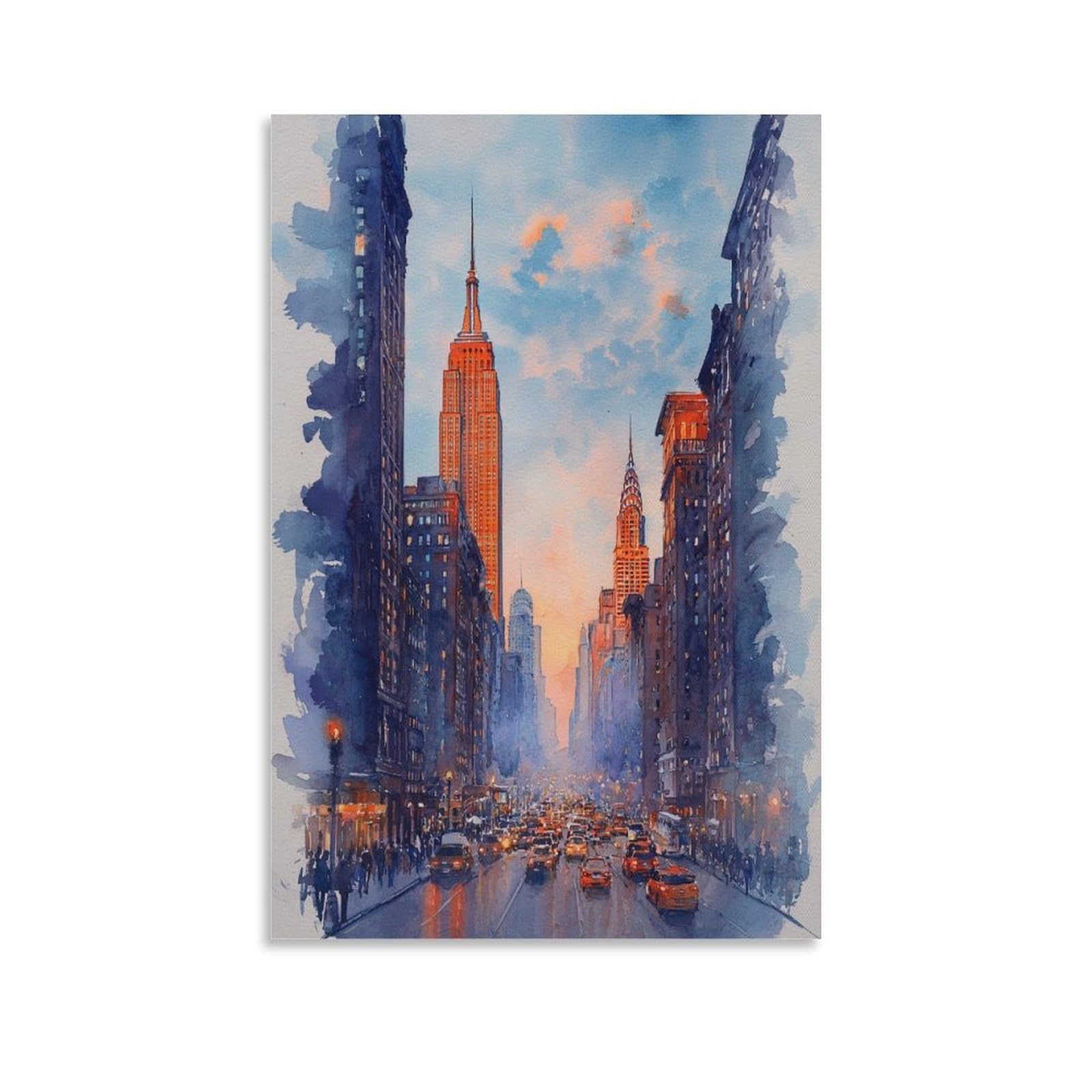XWYMXZ New York Watercolor Cityscape 20x30inch(50x75cm) Vintage Travel Poster Watercolor Canvas Art