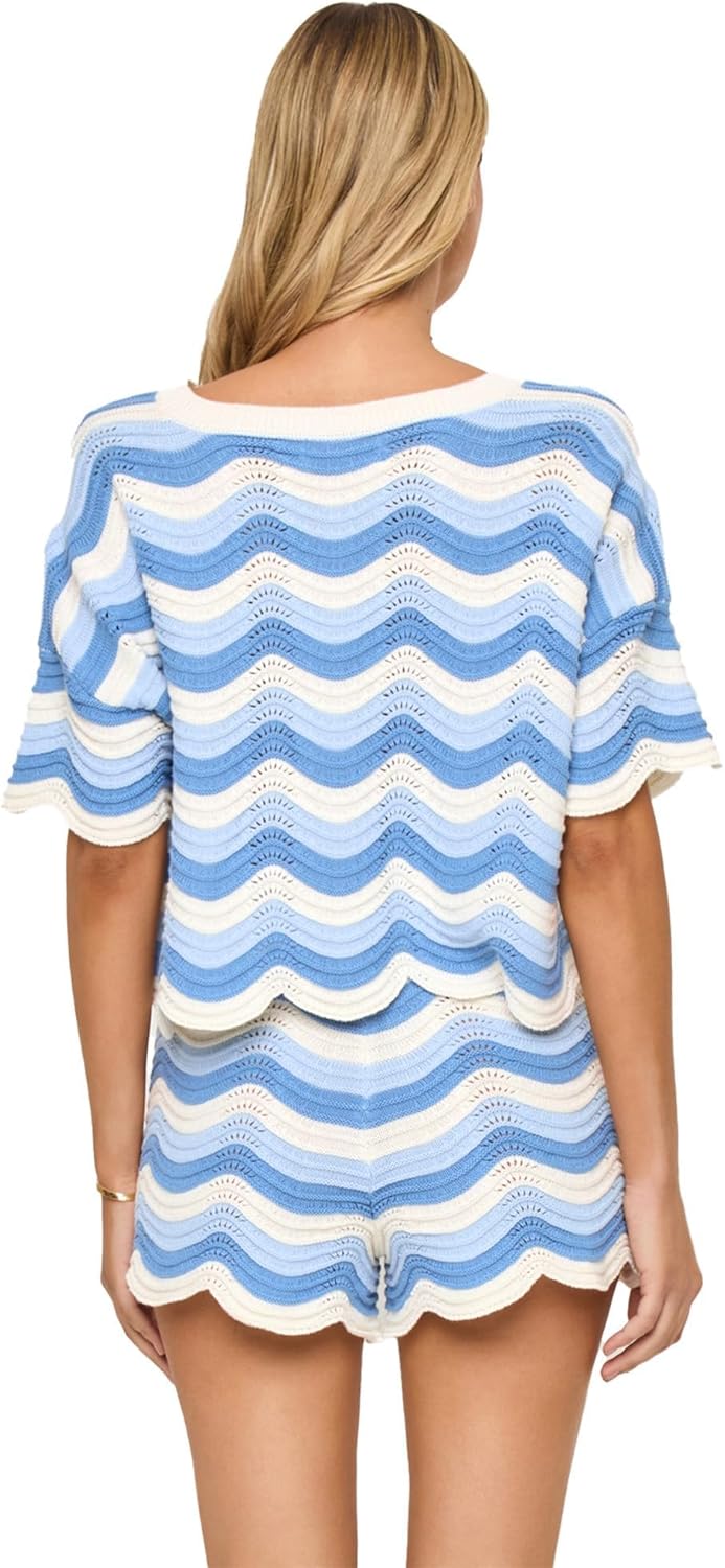 NIFTRIRY 2 Piece Sets for Women Short Sleeve Striepd Crochet Cover Up Tied Shorts Beach Clothes
