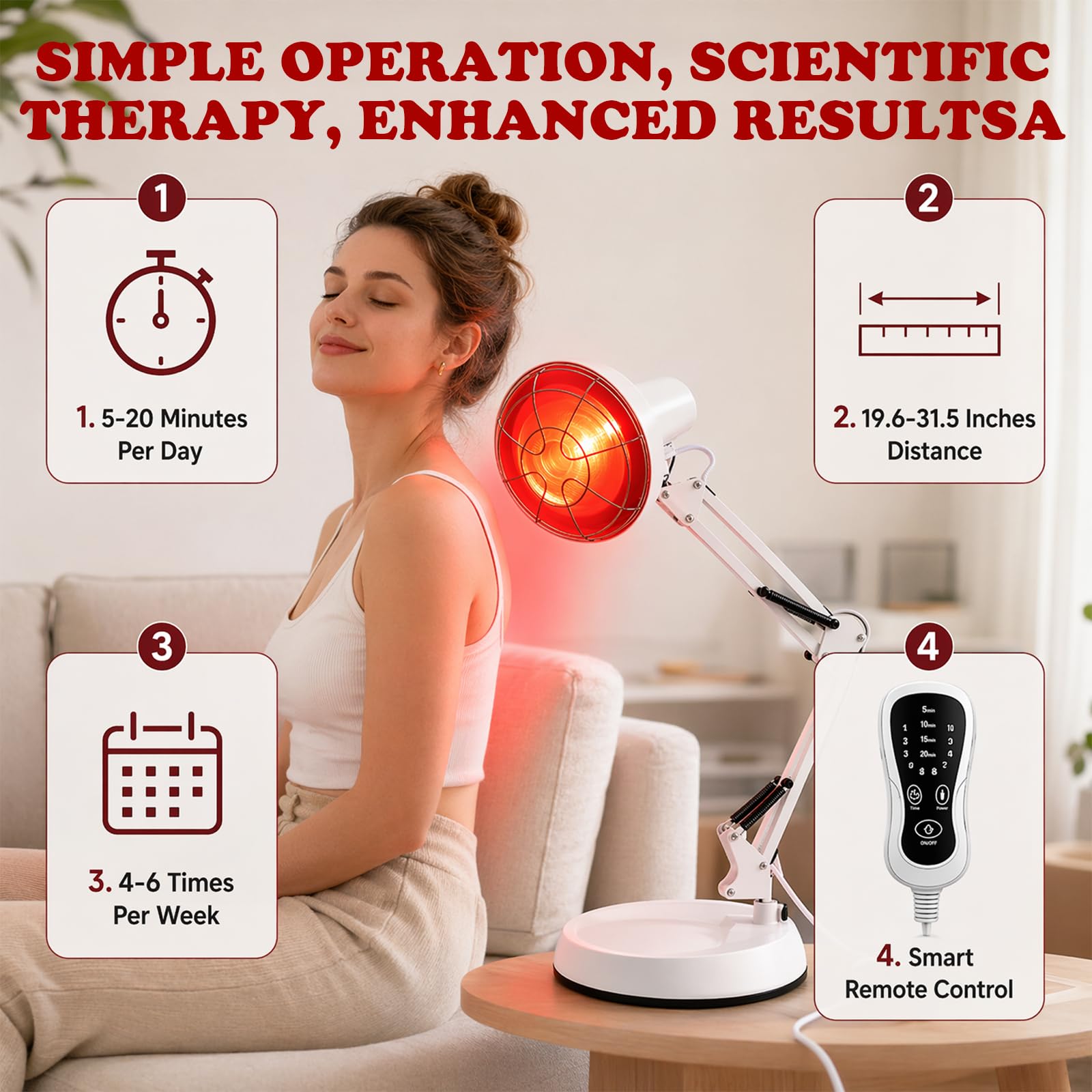 LOMUG Lampe Infrarouge 150W 10 Niveaux de Température Réglable, Lumiere Infrarouge avec Minuterie ELectronique, Bras de Support RéGlable, Lampe Chauffante pour La Maison