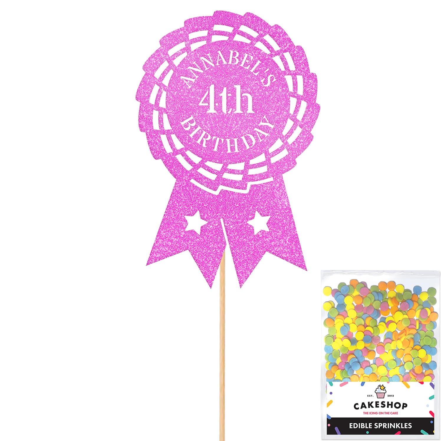 Personalised Horse Riding Rosette Award Glitter Cake Topper - Lt Pink Custom Age & Name Glitter Cake Decoration and Sprinkles - Happy Birthday Decorations - Personalised Toppers for Cakes by Cakeshop