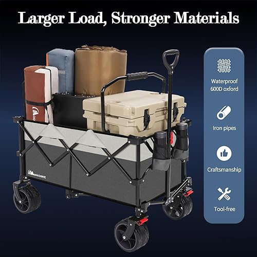Miniatura 10 de Moon Lence Carro de mano plegable para exteriores, resistente, plegable, portátil, con ruedas de playa todo terreno, mango ajustable y soportes para