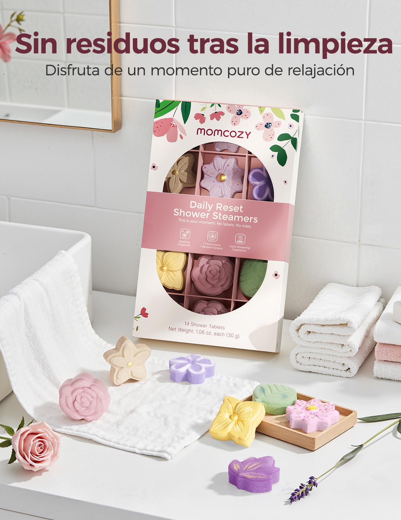 Momcozy Vaporizador de Ducha 14 Piezas, Bombas de Baño con 7 Aromas Florales, Shower Steamer para Relajación y Revitalización Diaria en Casa, Regalo Considerado de Navidad o Autocuidado para Mamás