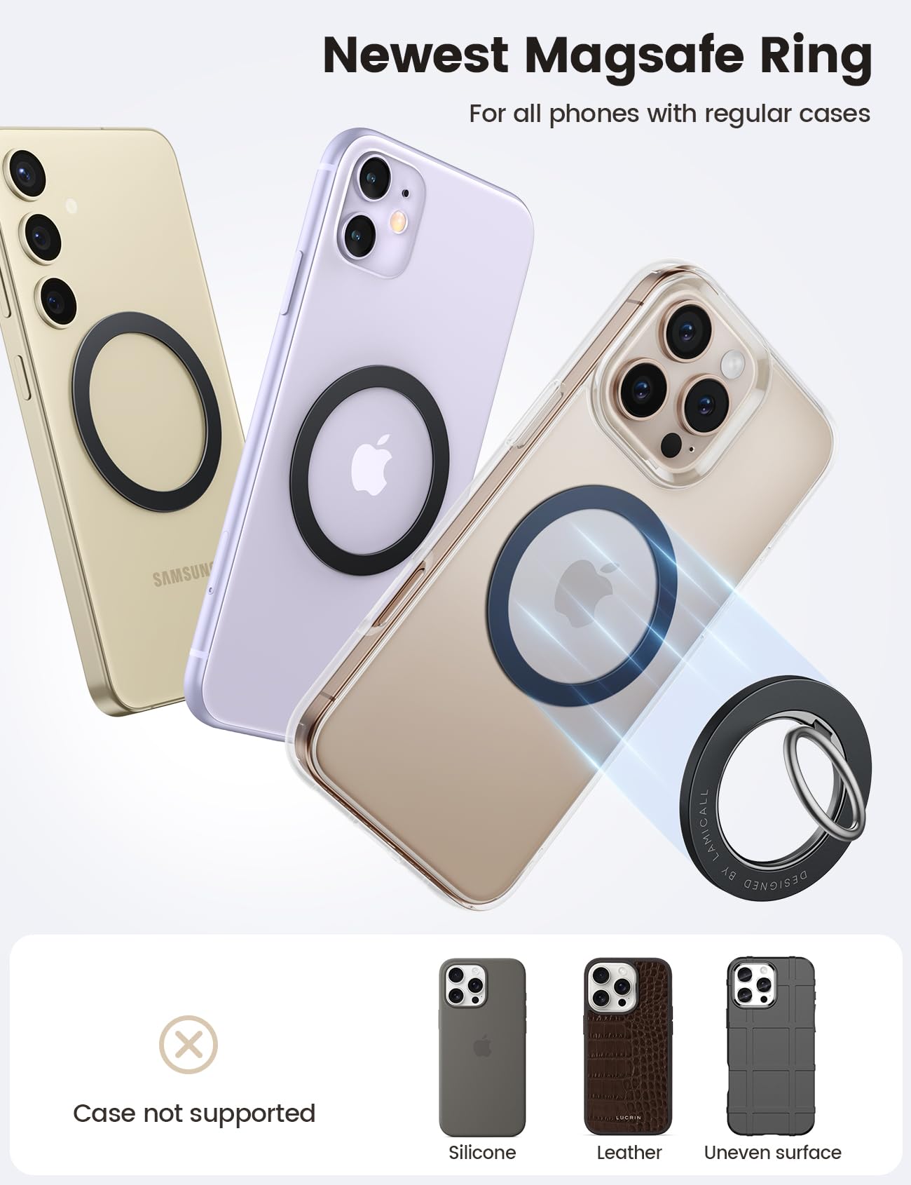 Lamicall naklejki pierścieniowej dla Mag-Safe - [4 sztuk]Ekstra silny metalowy pierścień,zestaw konwersyjny na bezdotykowego ładowania, odpowiedni dla iPhone 16/15/14/13/12/11, Galaxy,Android - Czarny
