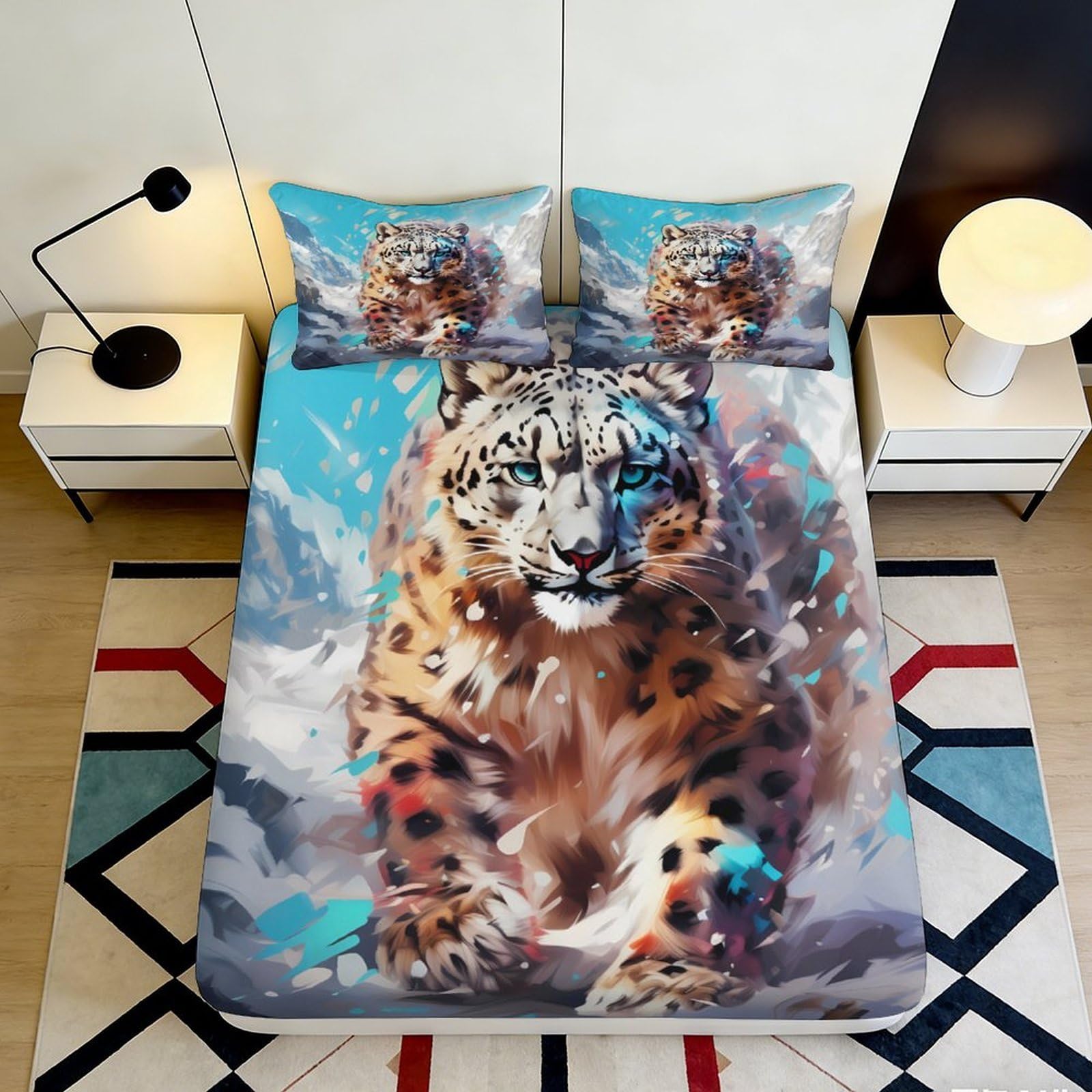 3D Printed Snow Leopard Fitted Sheet Microfiber Deep Pocket Non-Slip Bedroom Bedding Snow Leopard Mattress Fitted Cover 160x200x25cm