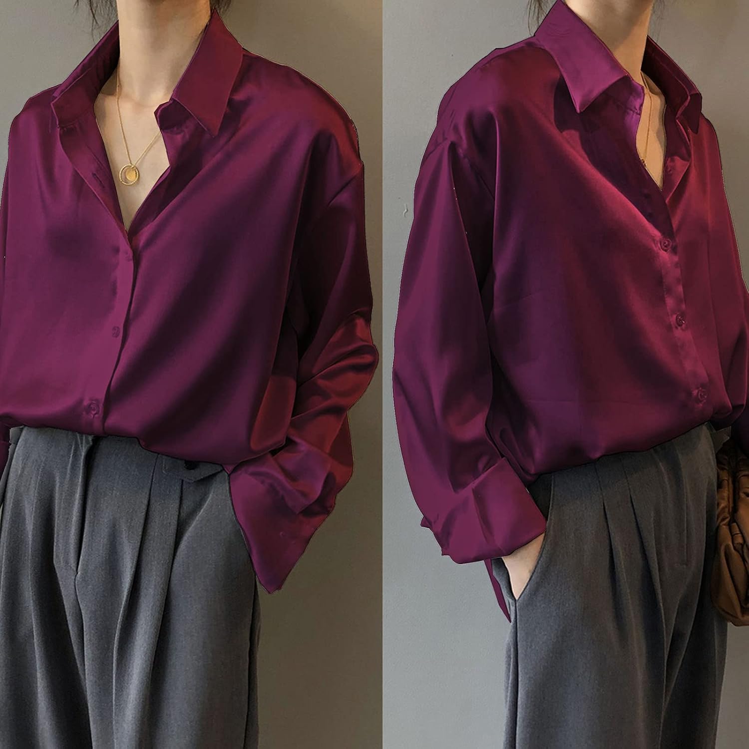 Pantete Womens Satin Silk Button Down Shirt Long Sleeve Casual Office Blouse Top Breathable & Silky - Image 2