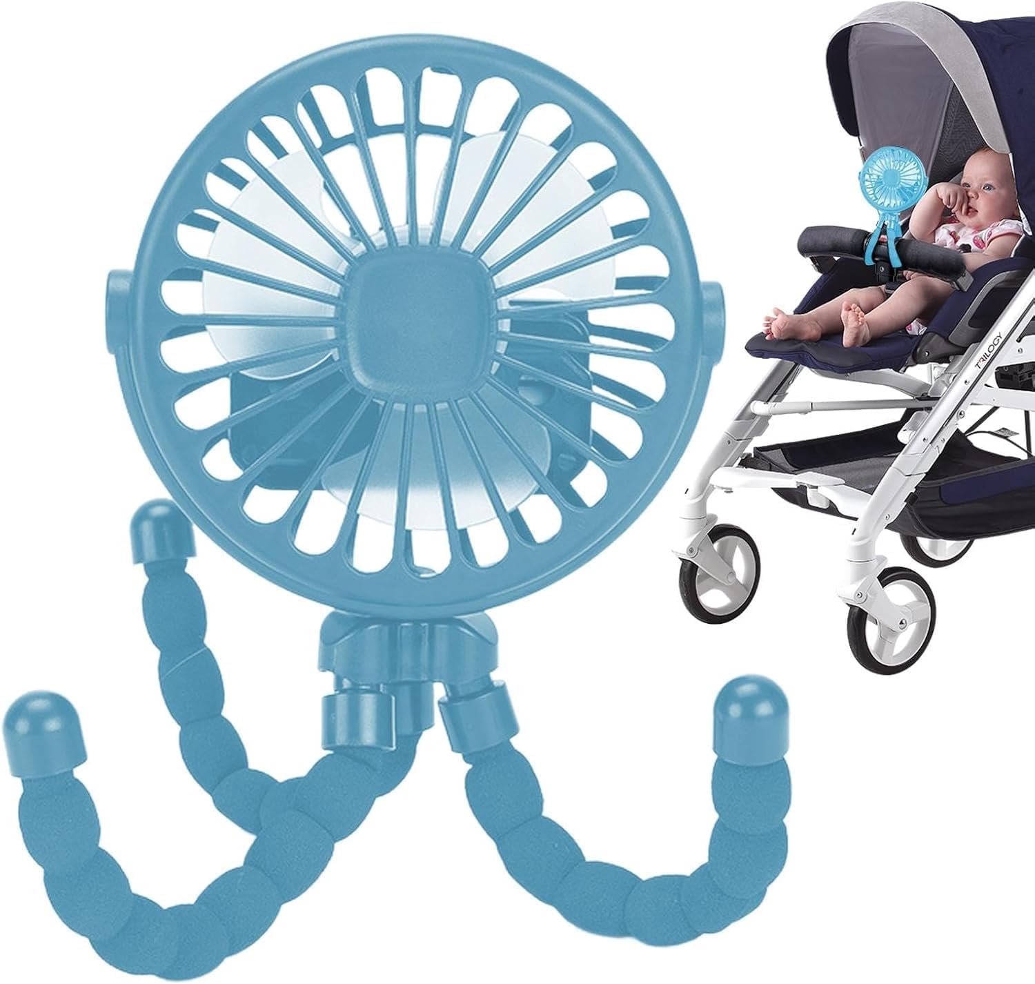 KtEli Baby Stroller Fan, 4000mAh Oscillating Mini Portable Fan with Light, 3 Speeds USB Operated Small Handheld Desk Fan, 360° Rotate Flexible Tripod Clip On Fan for Car Seat Crib Travel(Blue)