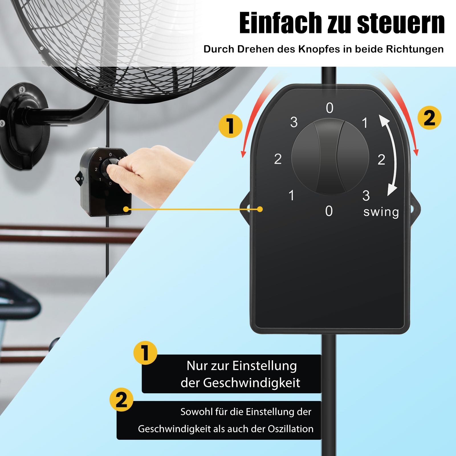 RELAX4LIFE Wandventilator 120W 3 Aluminiumflügel 85° Oszillation 30° Neigung Geräuschpegel ≤60dB Schwarz