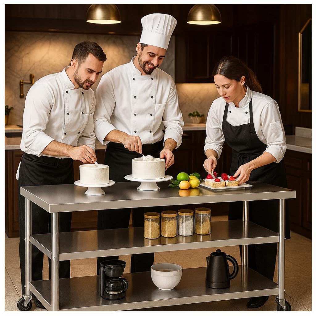 Stainless Steel Table with Wheels for Food Preparation and Work, Multi-Size Optional, Three-Layer Variable Two-Layer Metal Commercial Workbench Outdoor, Restaurant, Kitchen (60" Lx24 Wx34 H)