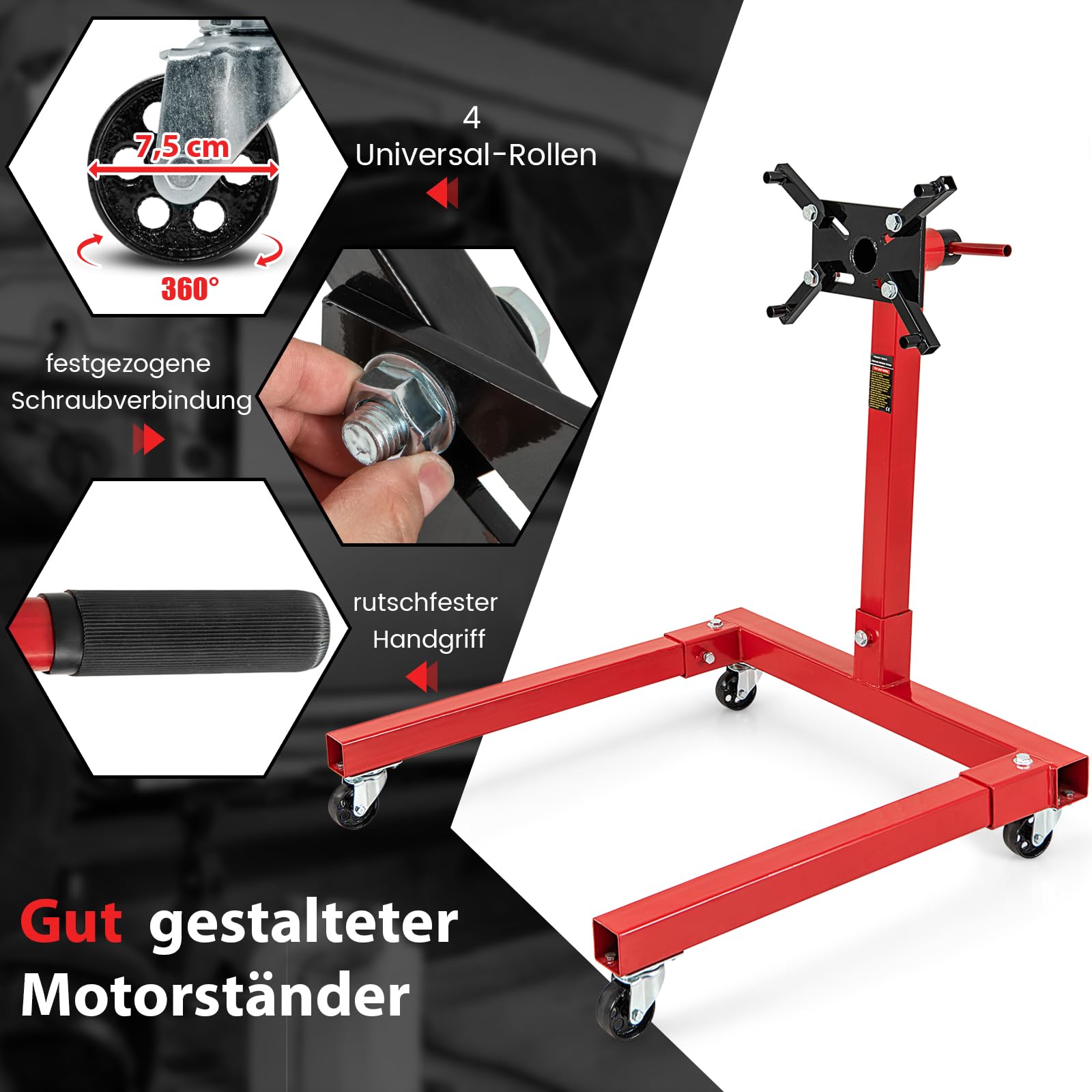 GYMAX Soporte de Motor de 3/4 Toneladas de Capacidad con Cabezal Giratorio de 360°, 4 Brazos Ajustables, 4 Ruedas Universales, Resistente para Taller de Reparación de Automóviles, Garaje, Rojo