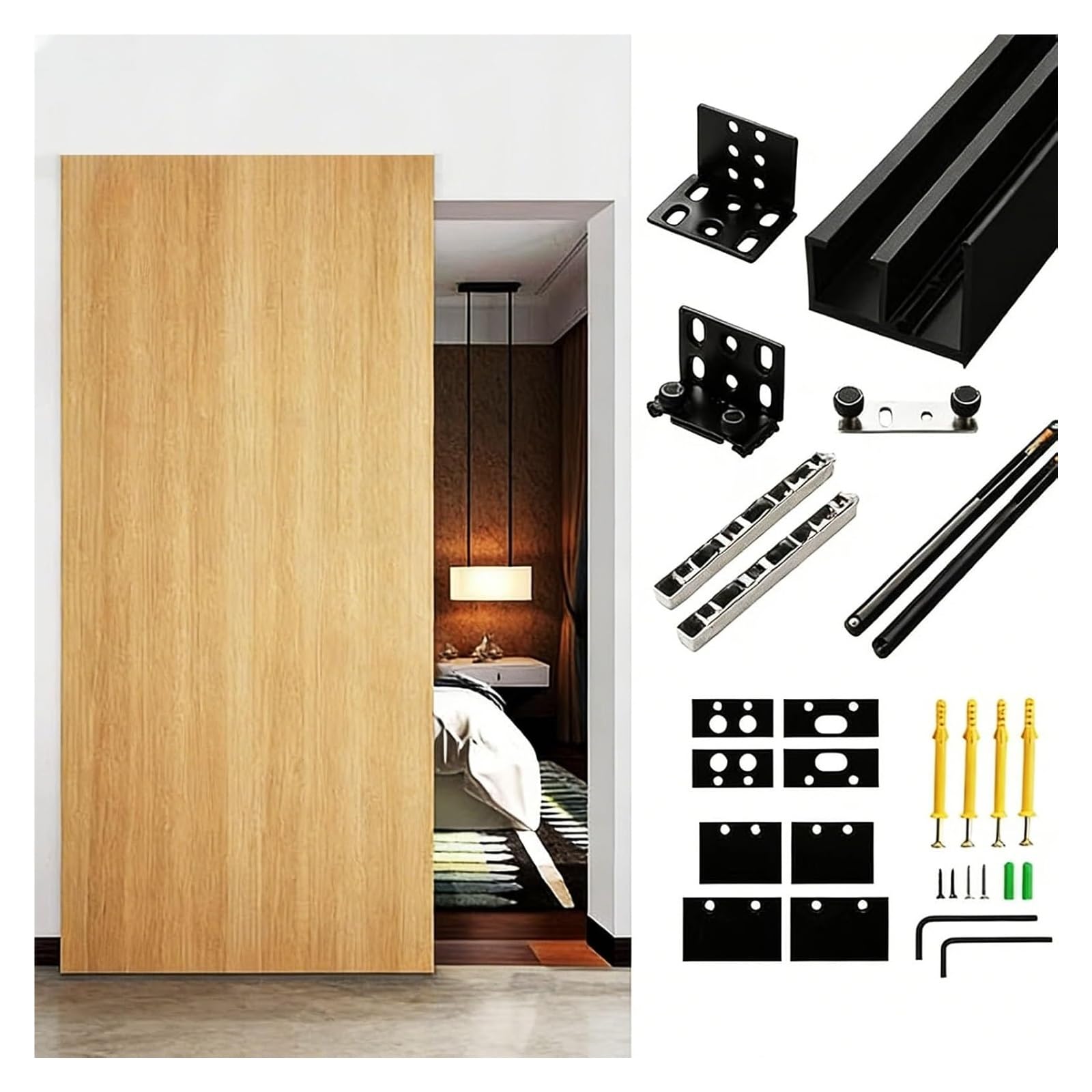 EBZFASO Sliding Door Track, Concealed Ghost Mirrored Sliding Door Hardware Kit Black Aluminum Soft Close 80kg(132cm(52in))
