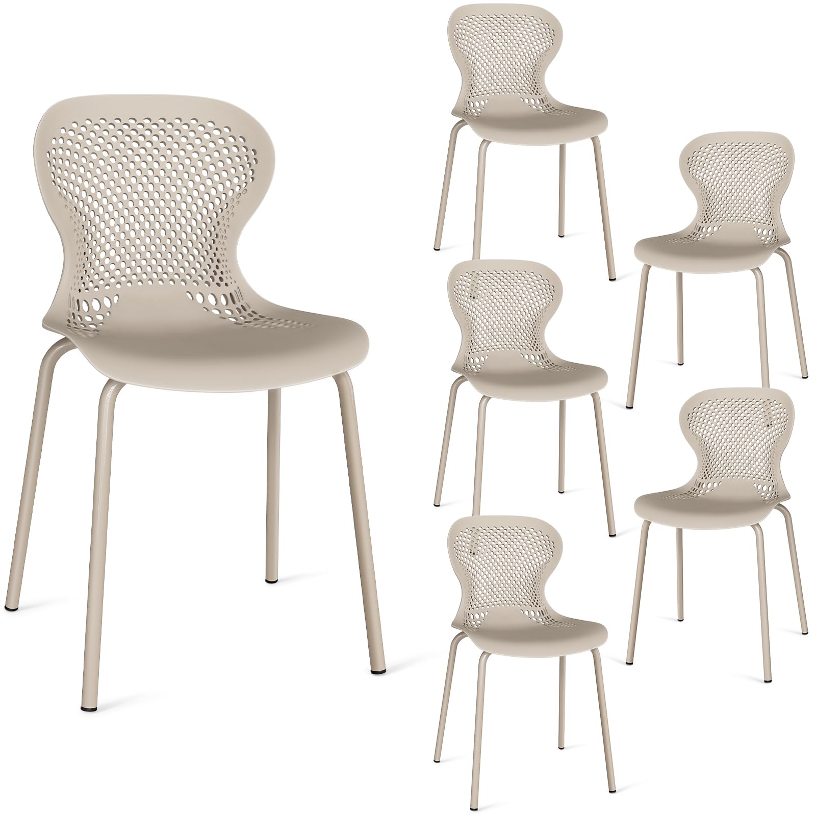 JIJIAN Set di 6 Sedie Sala da Pranzo Impilabili, Sedia da Cucina con Gambe in Metallo, Sedie da Giardino in Plastica, per Sala da Pranzo, Soggiorno, Giardino, Balcone e Terrazza, Cachi