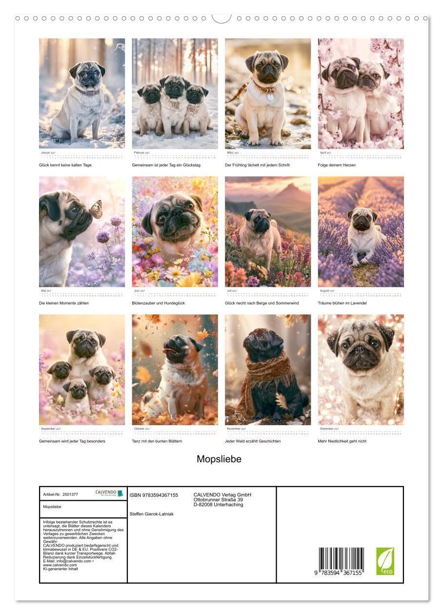 Mopsliebe (hochwertiger Premium Wandkalender 2027 DIN A2 hoch), Kunstdruck in Hochglanz: Dieser hochwertige Mops-Wandkalender begleitet durch das Jahr ... und stilvollen Bildern. (CALVENDO Tiere)