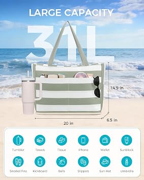 WANDF Sandproof Beach Bags for Women, Pool Tote Bag with Zipper (Green) | Waterproof, 40oz Tumbler Pocket, Front Pockets, For Family Swim Cruise Lake Beach Vacation Essentials