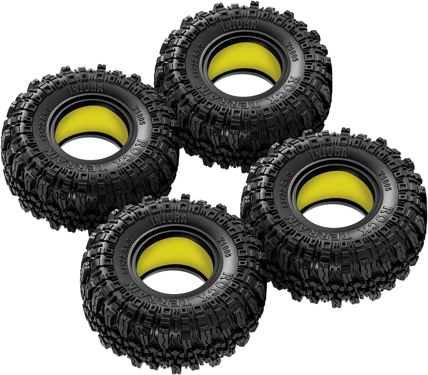 Four INJORA 1.0 inch Rock Terrain Tires with yellow silicone inserts visible