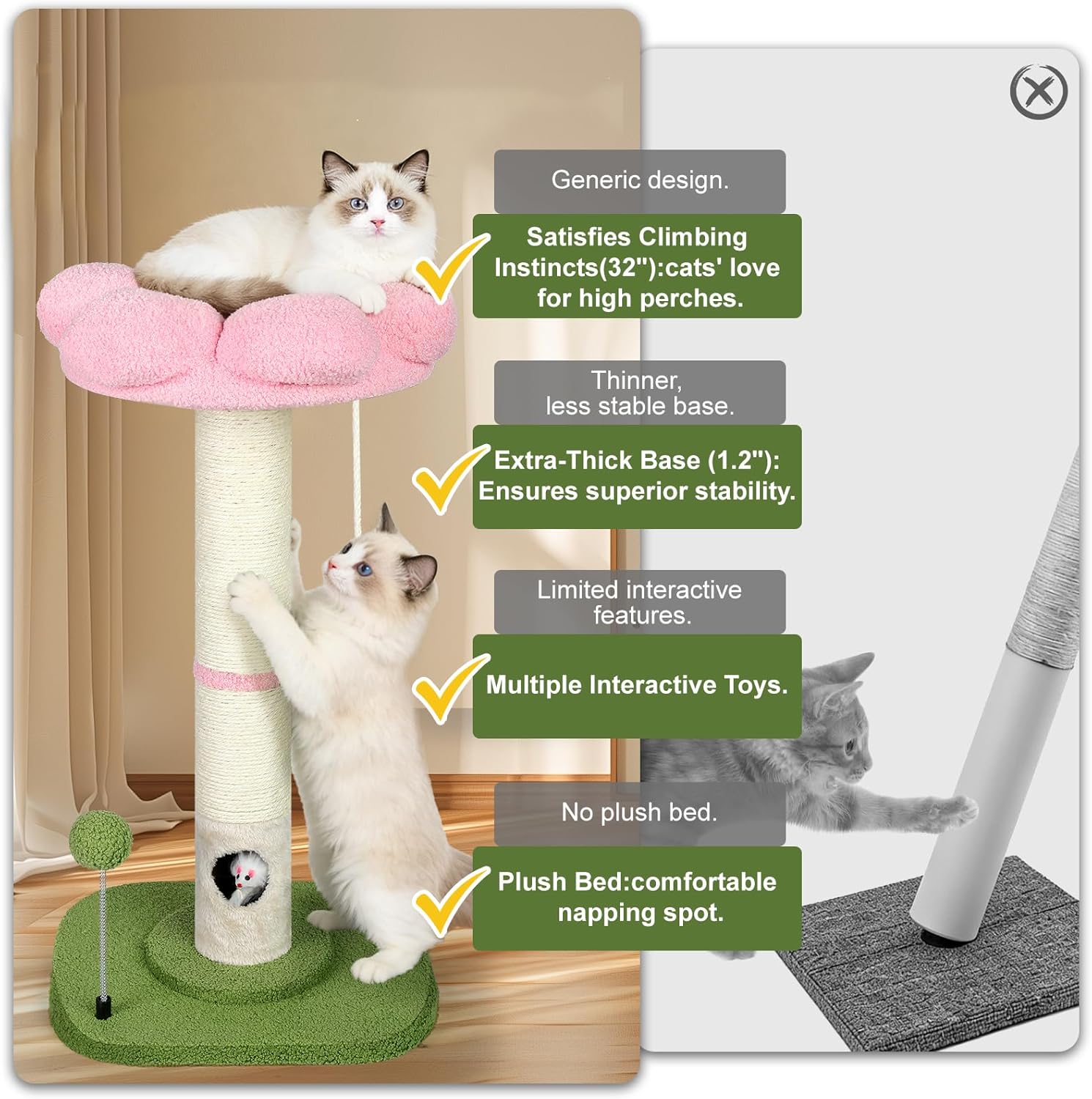 Tall Cat Scratching Post for Indoor Cats Adults, Cat Scratch Post with Sisal Rope Claw Scratcher, Solid Wood Cat Tower with Scratching Post and Cat Toys Mouse Hole, Flower Small Cat Tree (Pink Flower)