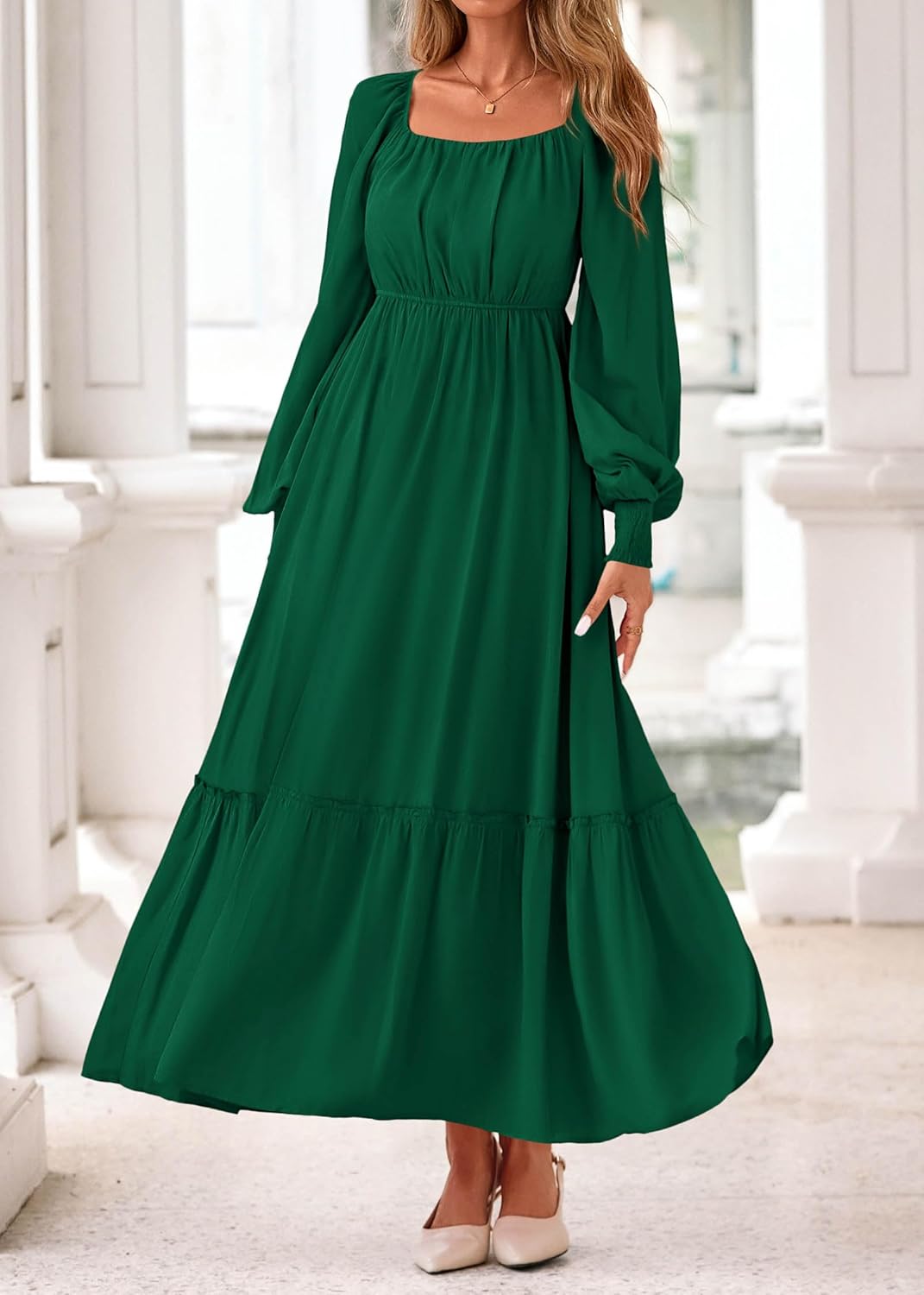 KIRUNDO Casual Fall Dresses for Women 2026 Flowy Long Sleeve Maxi Dress Smocked Empire Waist Square Neck Wedding Party - Image 5