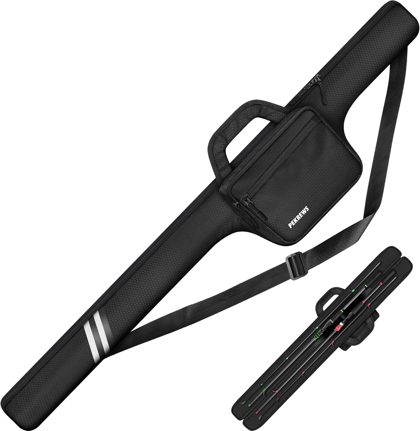 PEKREWS Fishing Rod Case, Fits 2 Set of 7ft Spinning Rod Reel Combo, Extendable 52inch Fishing Pole Bag (3.9ft-4.4ft) with Tackle Pockets, Padded Rod Bag with Strap Handle, Pole Travel Case For Angler